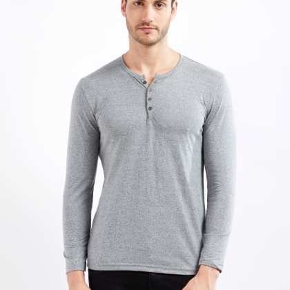 ManiacHenley Neck Textured Grey T-Shirt