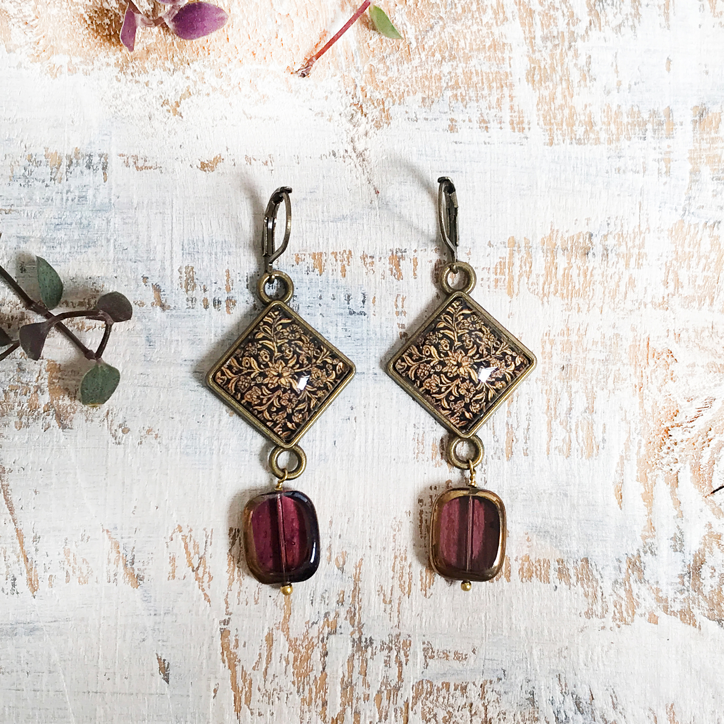 Hanging Earrings with Bead - Gold Leaf Painted Medallion - Kashmir 