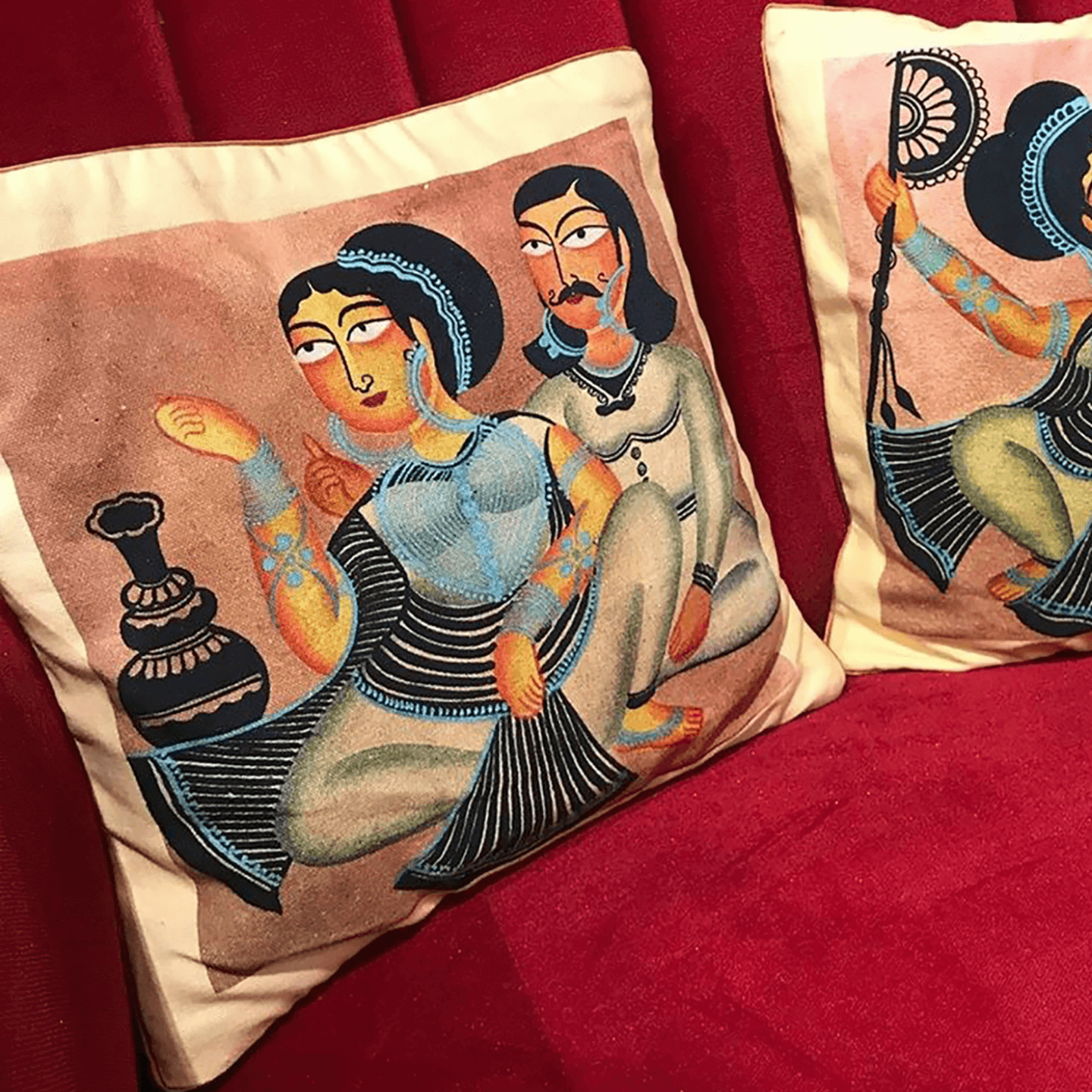 Art Cushion Cover 12 x 12 - Kalighat Pat Lady with a Surahi