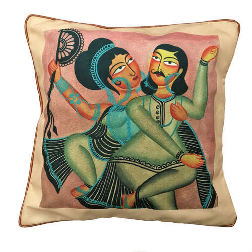 Art Cushion Cover 12 x 12 - Kalighat Pat Lady with a Fan
