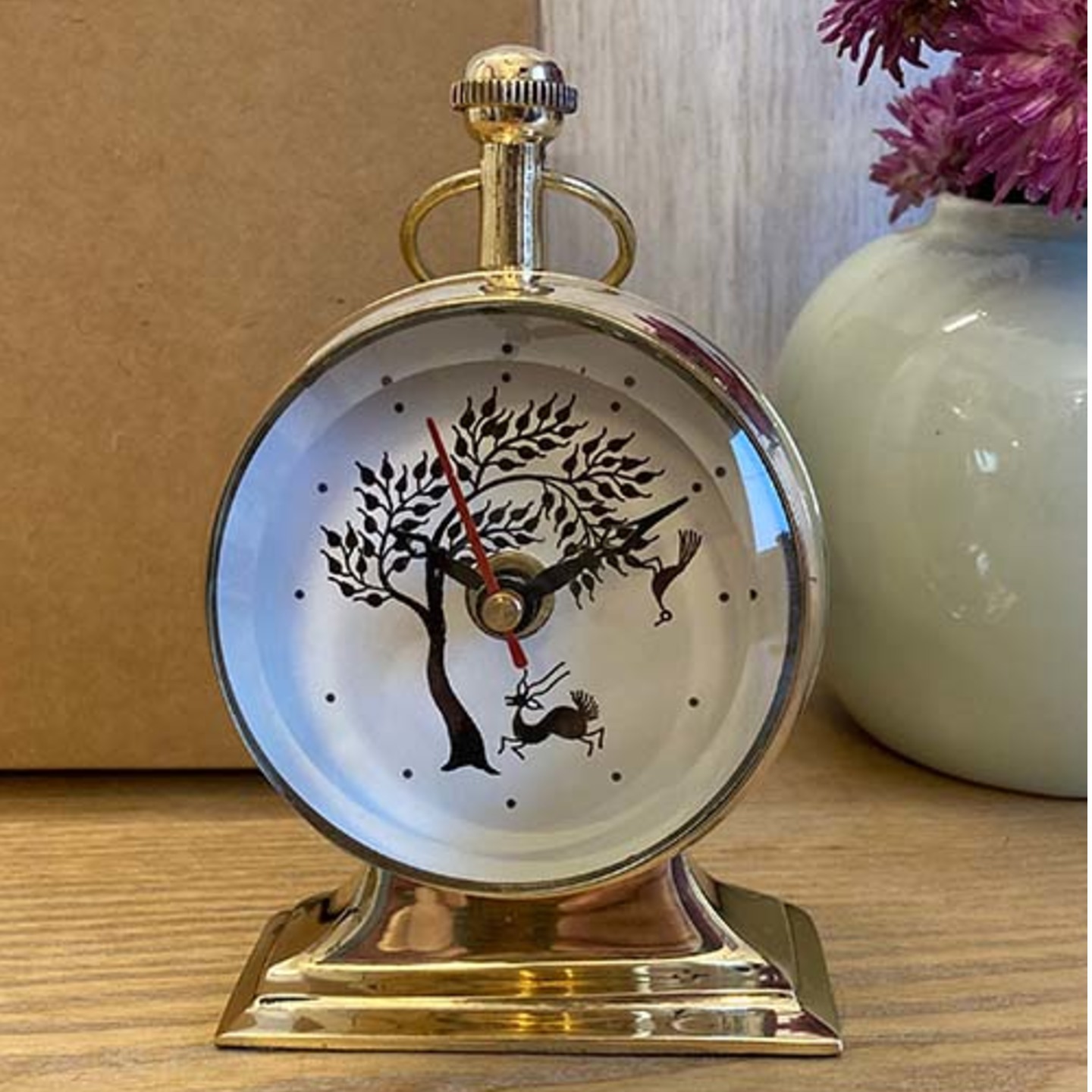 Handpainted Table Clock - Warli - Deer and Bird