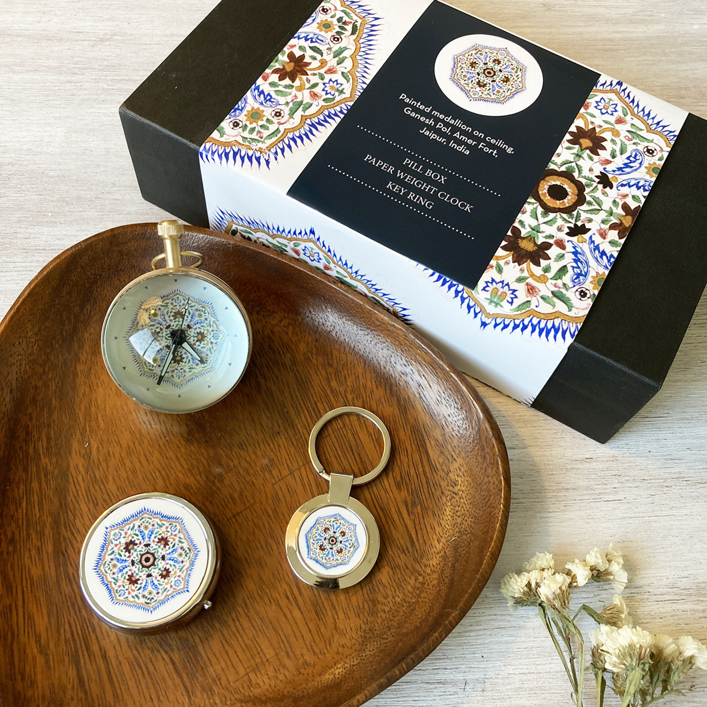 Gift Set  - Pill Box, Paper Weight Clock, Key Ring,  Painted Medallion, Amer Fort