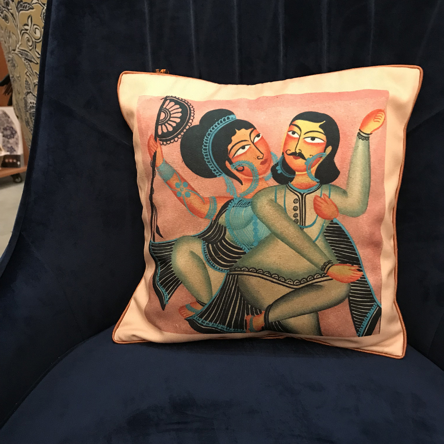 Art Cushion Cover 12 x 12 - Kalighat Pat Lady with a Fan