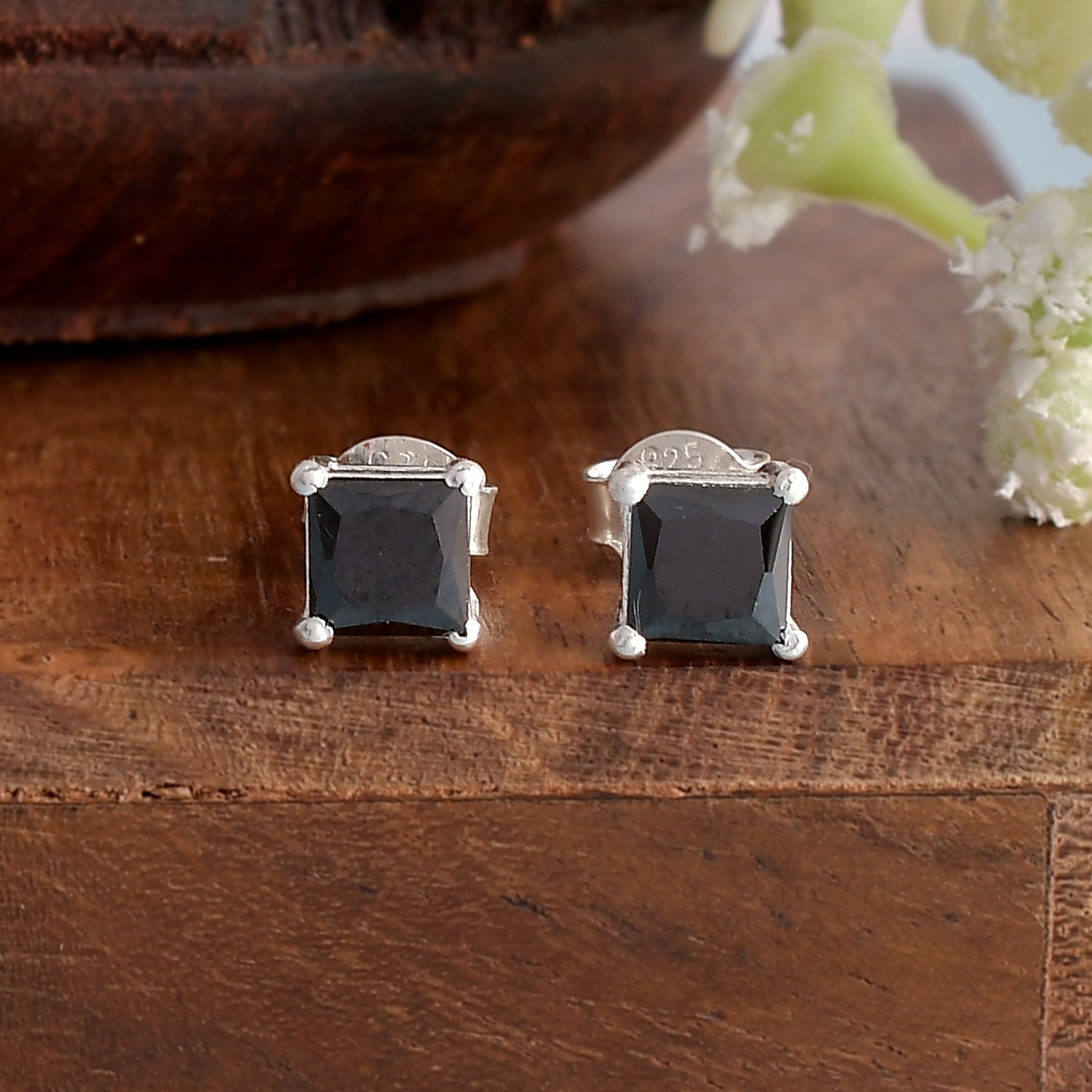 925 Sterling Silver Black Square CZ Solitaire Earring Stud