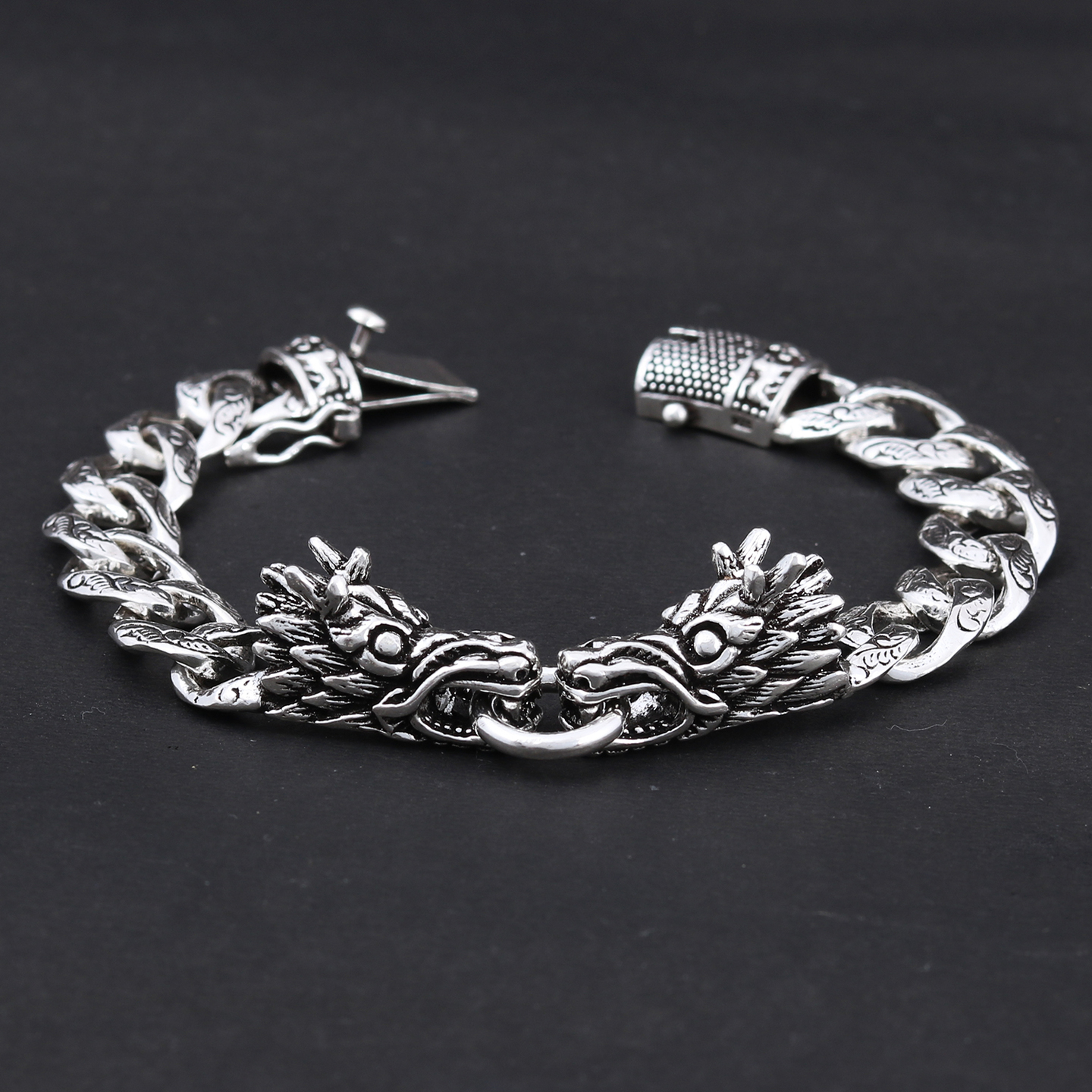 925 Solid Sterling Silver Dragon Curb Chain Bracelet - Length 8 Inches - Silver Oxidize Jewelry -Bracelet For Strength & Good Fortune