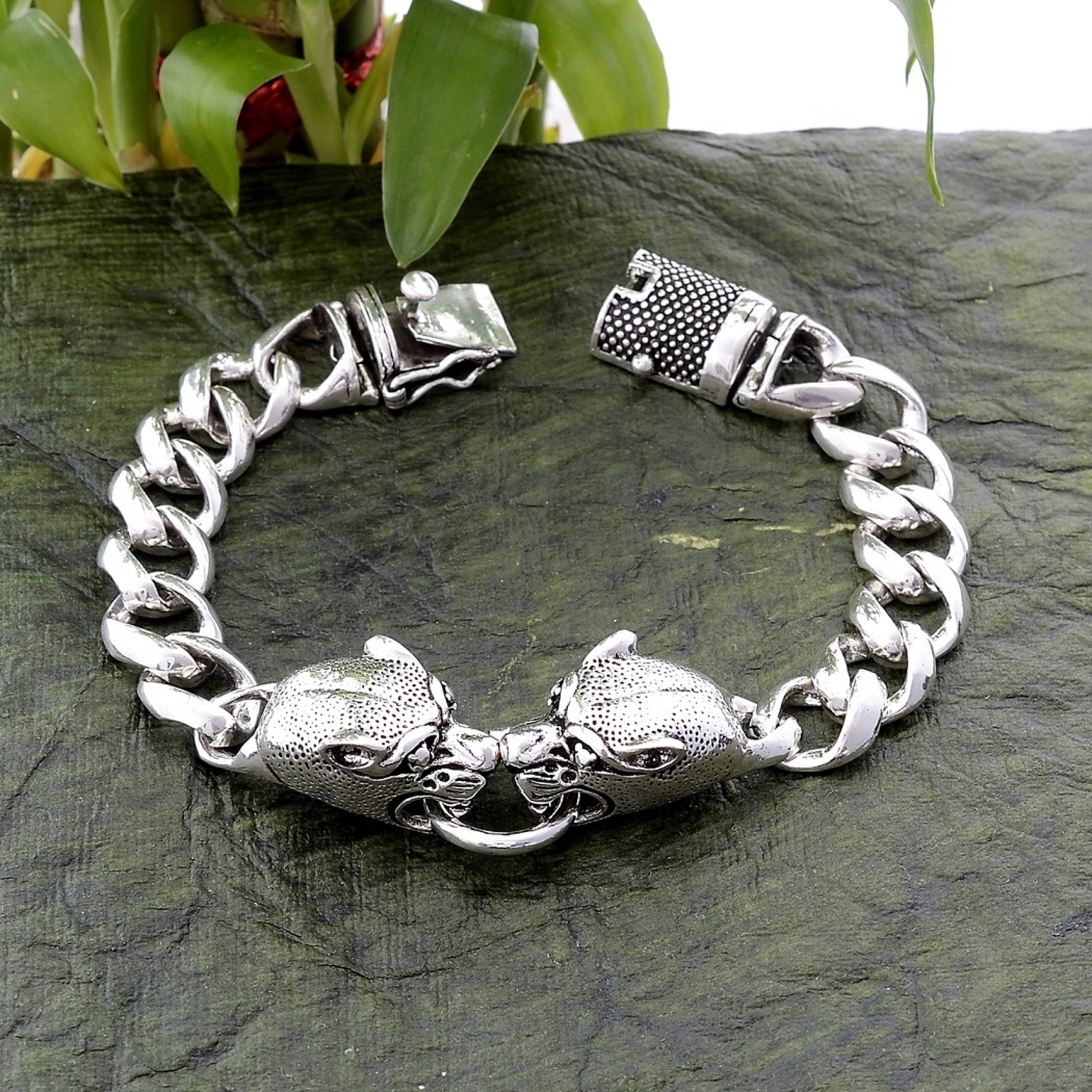 925 Solid Sterling Silver Jaguar Curb Chain Bracelet - Length 8.5 Inches - Oxidize Jewelry For Men - Stylish Leopard Bracelet 