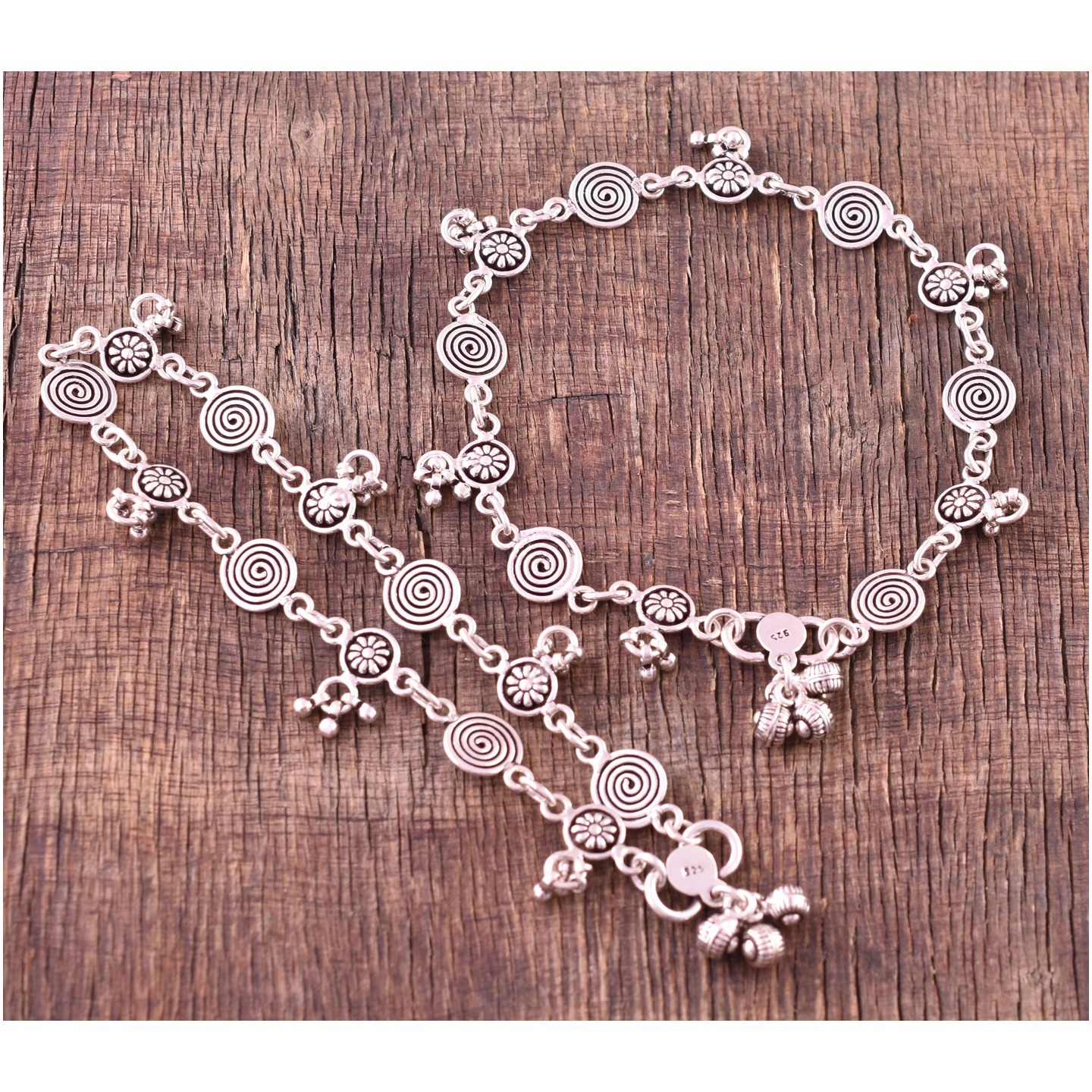 925 Solid Sterling Silver Flower Anklet - Length 10.5 Inches - Silver Oxidize Anklet - Spiral Chain Anklet - Flower Beaded Anklet