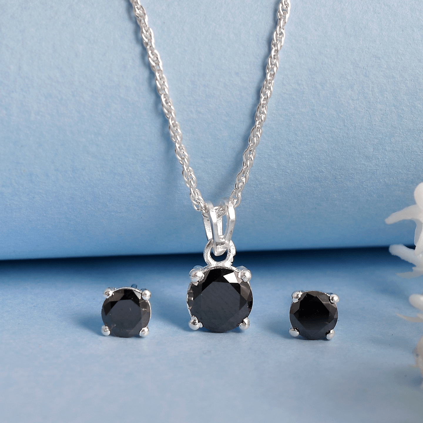 925 Sterling Silver CZ Black Round Solitaire Necklace set 