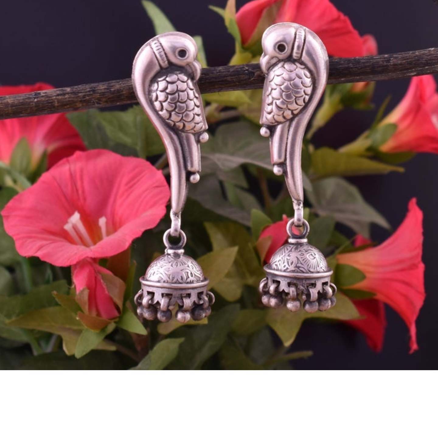925 Solid Sterling Silver Earring - Beautiful Parrot Hanging Earring - Genuine 925 Sterling Silver Oxidize Earring - Party Wear Long Earring