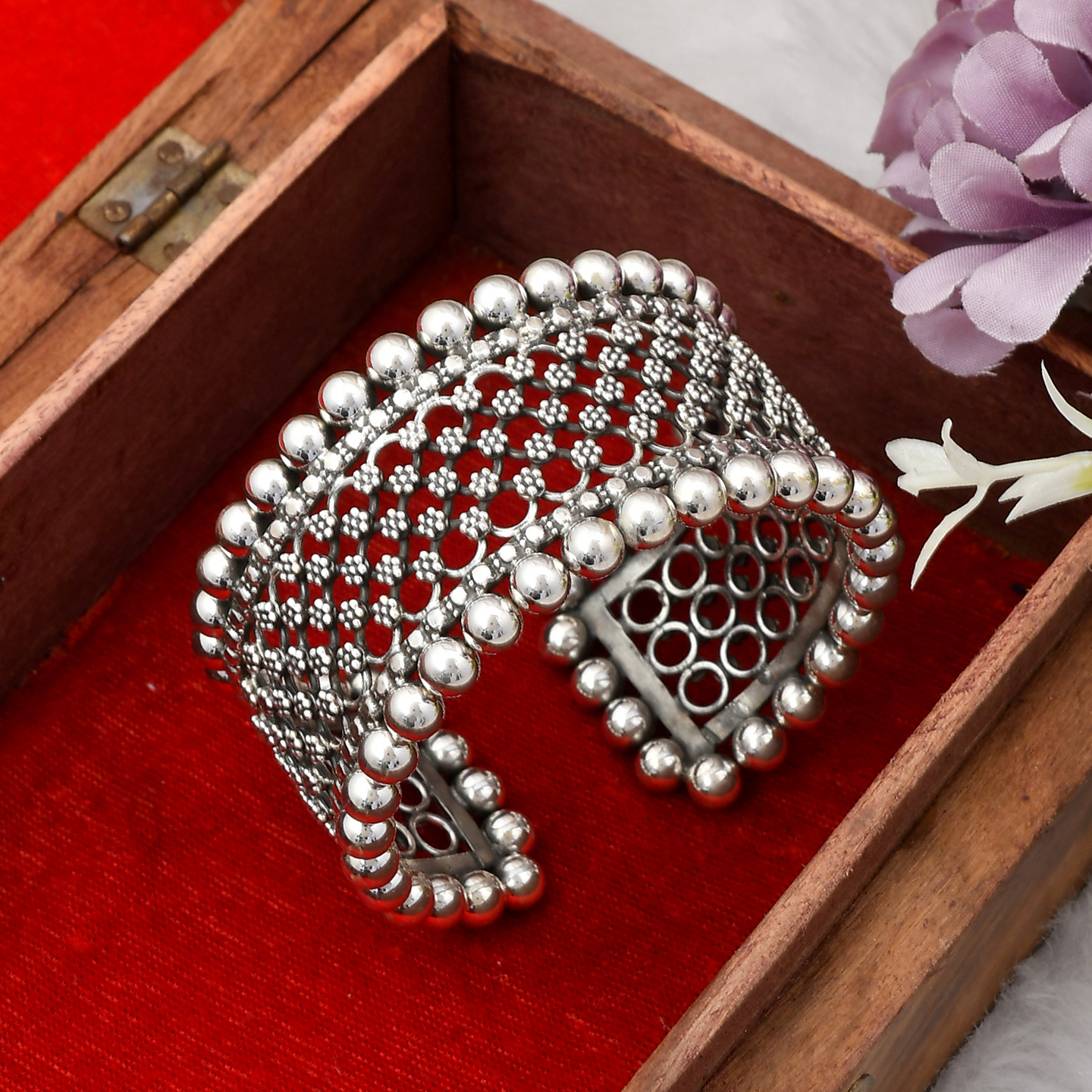 925 Solid Sterling Silver Bangle - Beautiful Beaded Oxidized Bangle - Elegant Indian Adjustable Bangle - Traditional Flexible Cuff Bracelet