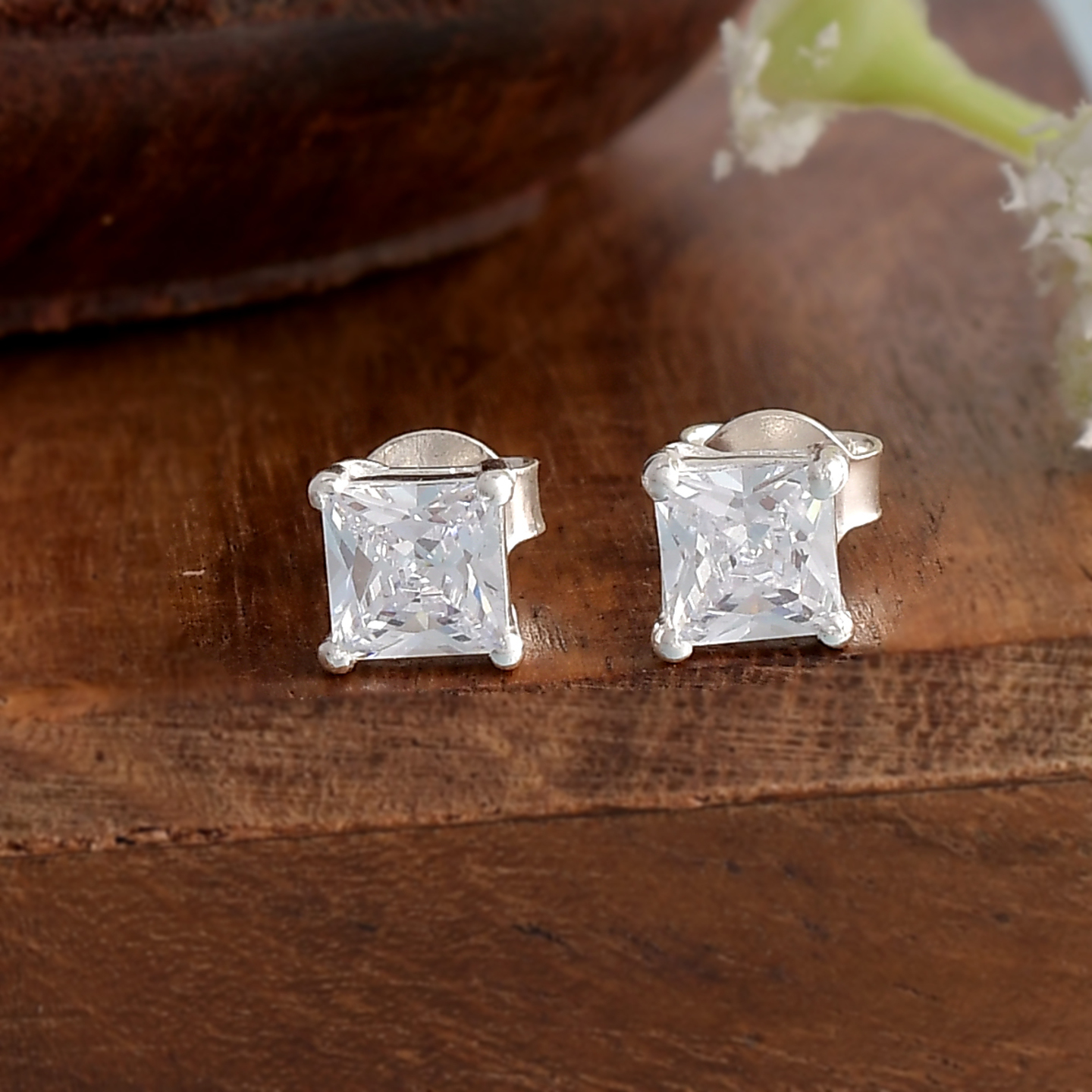 925 Sterling Silver White CZ Square Solitaire Earring Stud