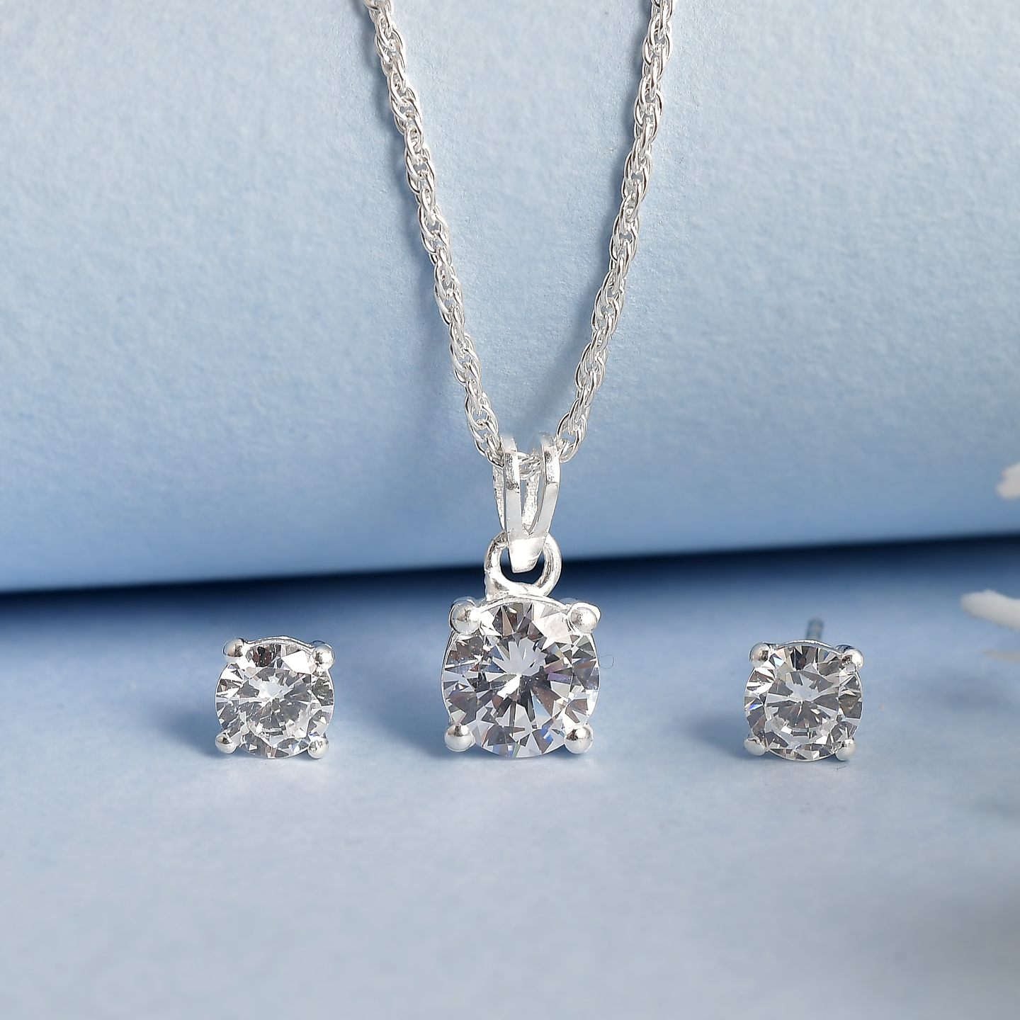 925 Sterling Silver CZ Round Solitaire Necklace set