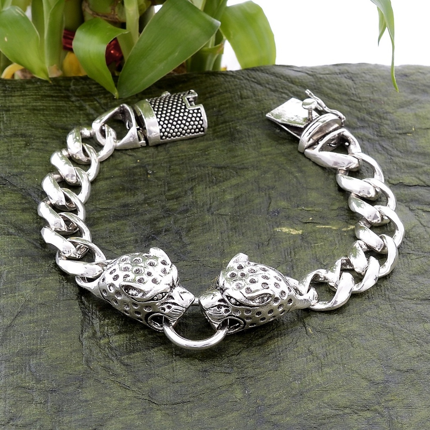 925 Solid Sterling Silver Leopard Curb Chain Bracelet - Length 8.5 Inches - Leopard Bracelet For Men - Silver Oxidize Jewelry 