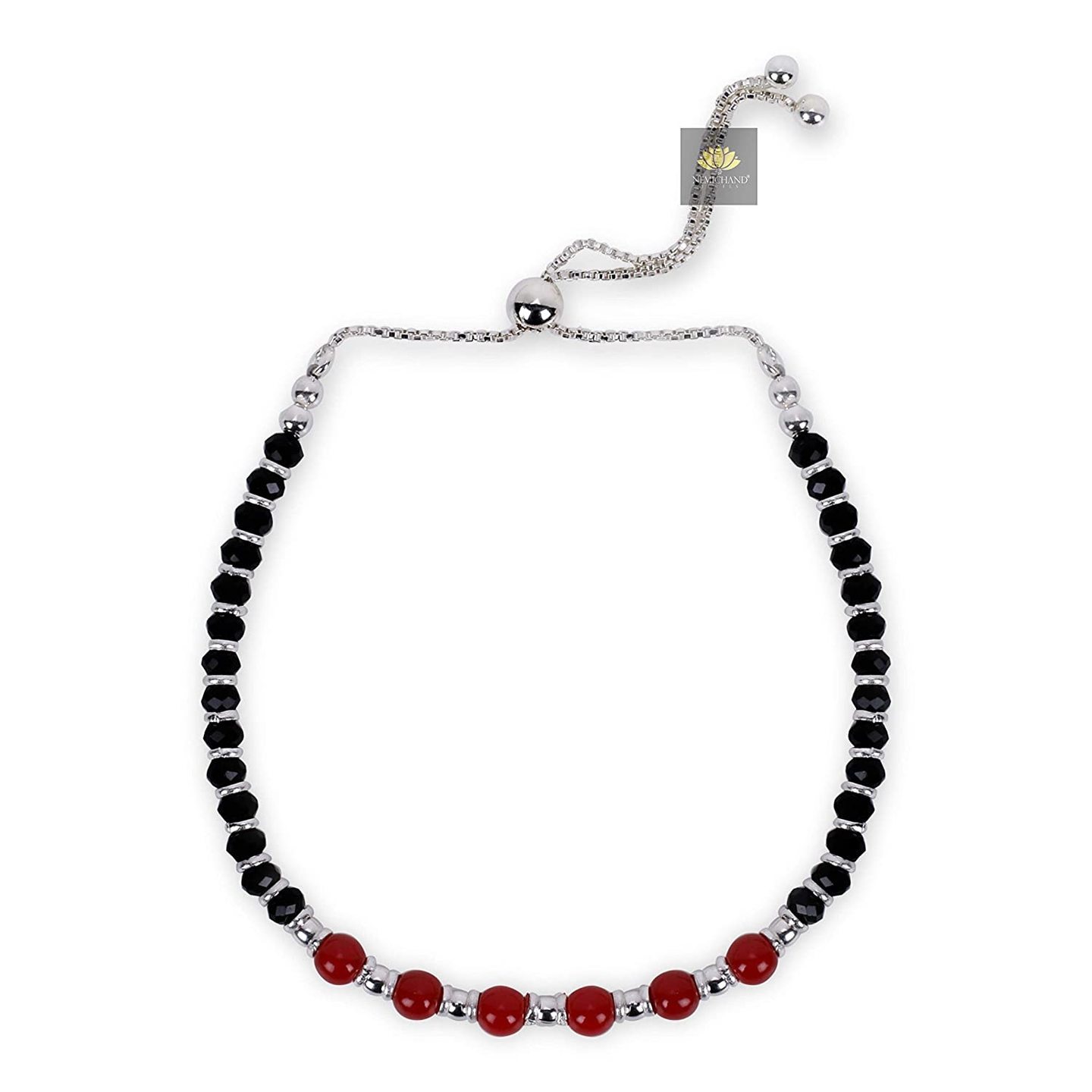 Nemichand Jewels Sterling Silver Nazariya Red Black Crystal 925 Pure Silver Bracelet for Women Adjustable