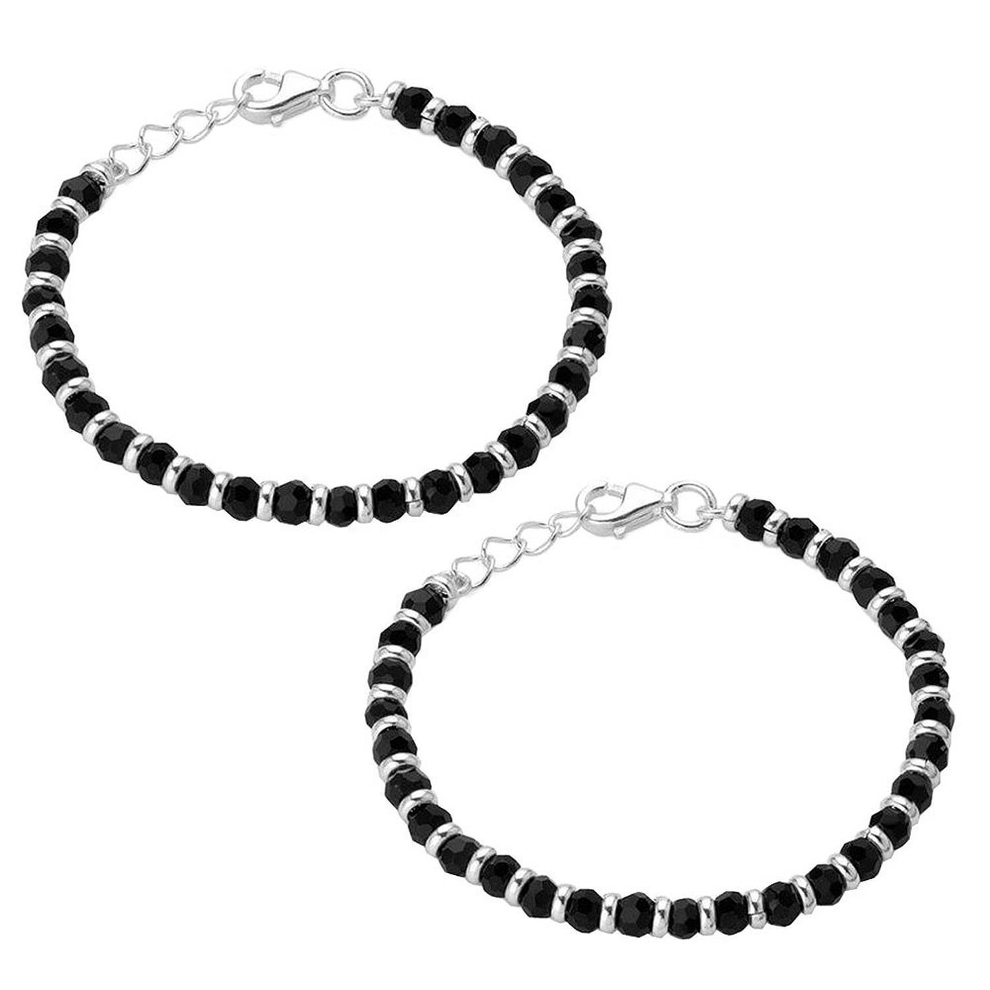 Nemichand Jewels 925 Sterling Pure SilverChandi Black Bead Crystal Nazariya BangleBracelet For Kids - One Pair