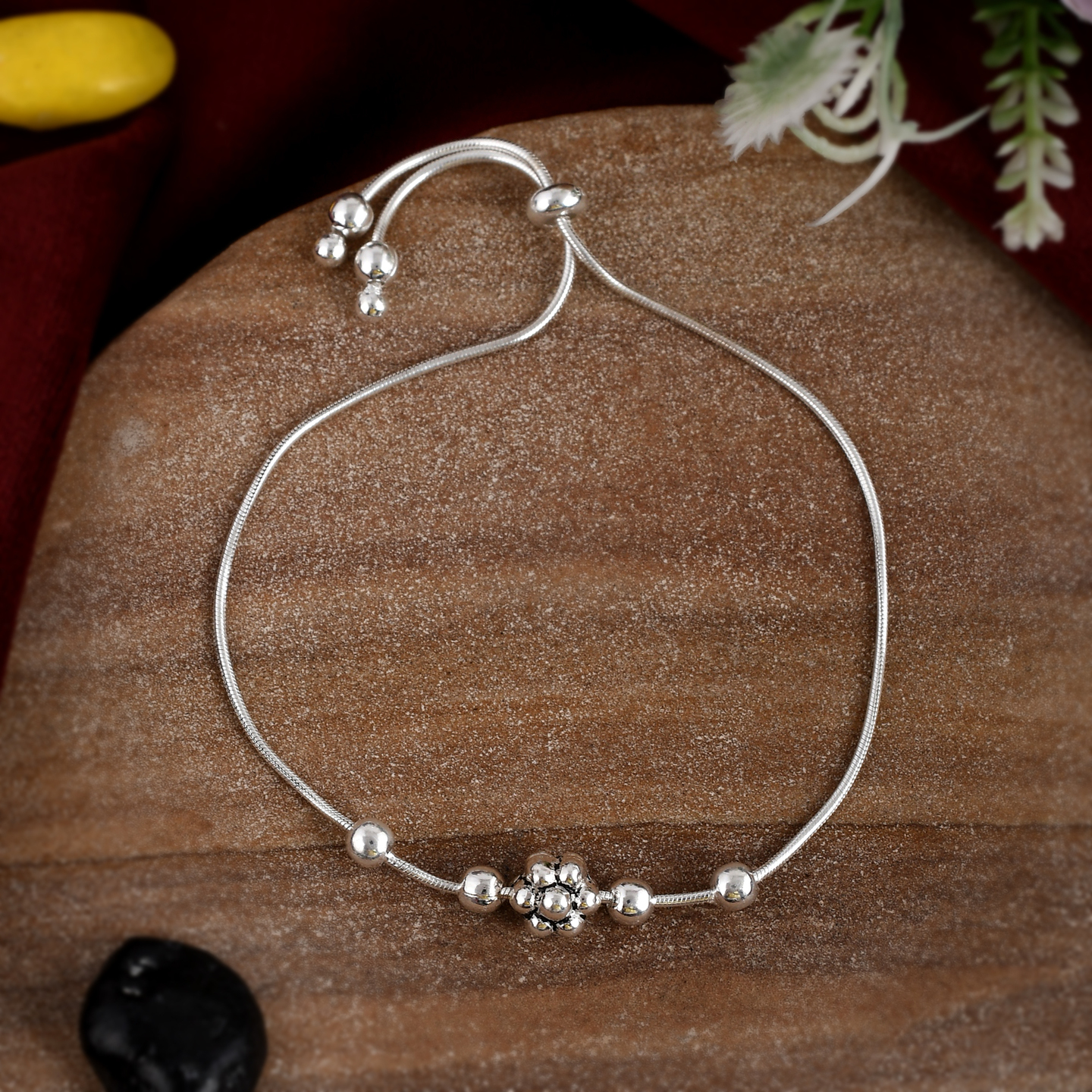 Sterling Silver Flower Bracelet For Women (Adjustable)