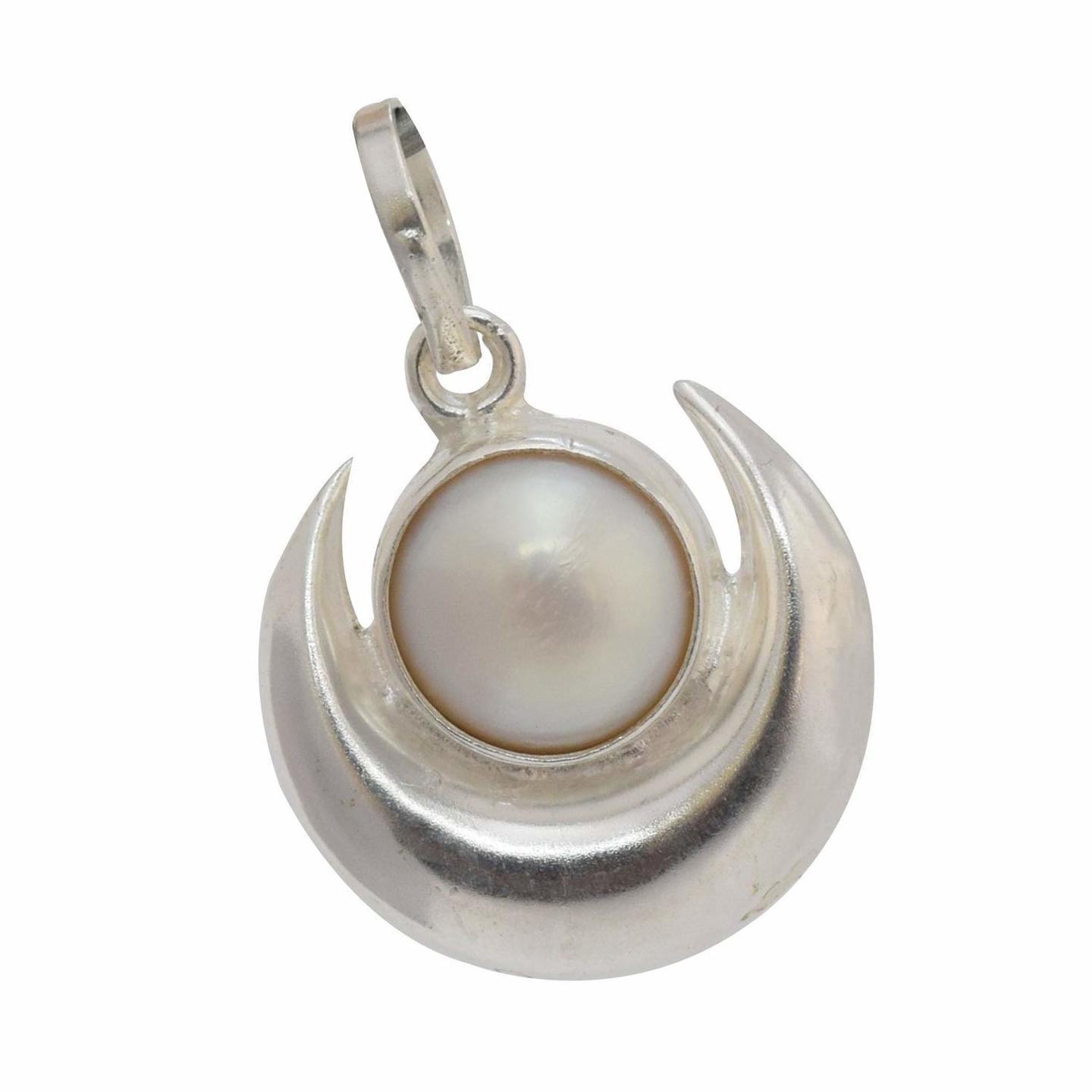 Nemichand Jewels 925 Silver Half Moon Pearl Pendant Locket for Women and Men