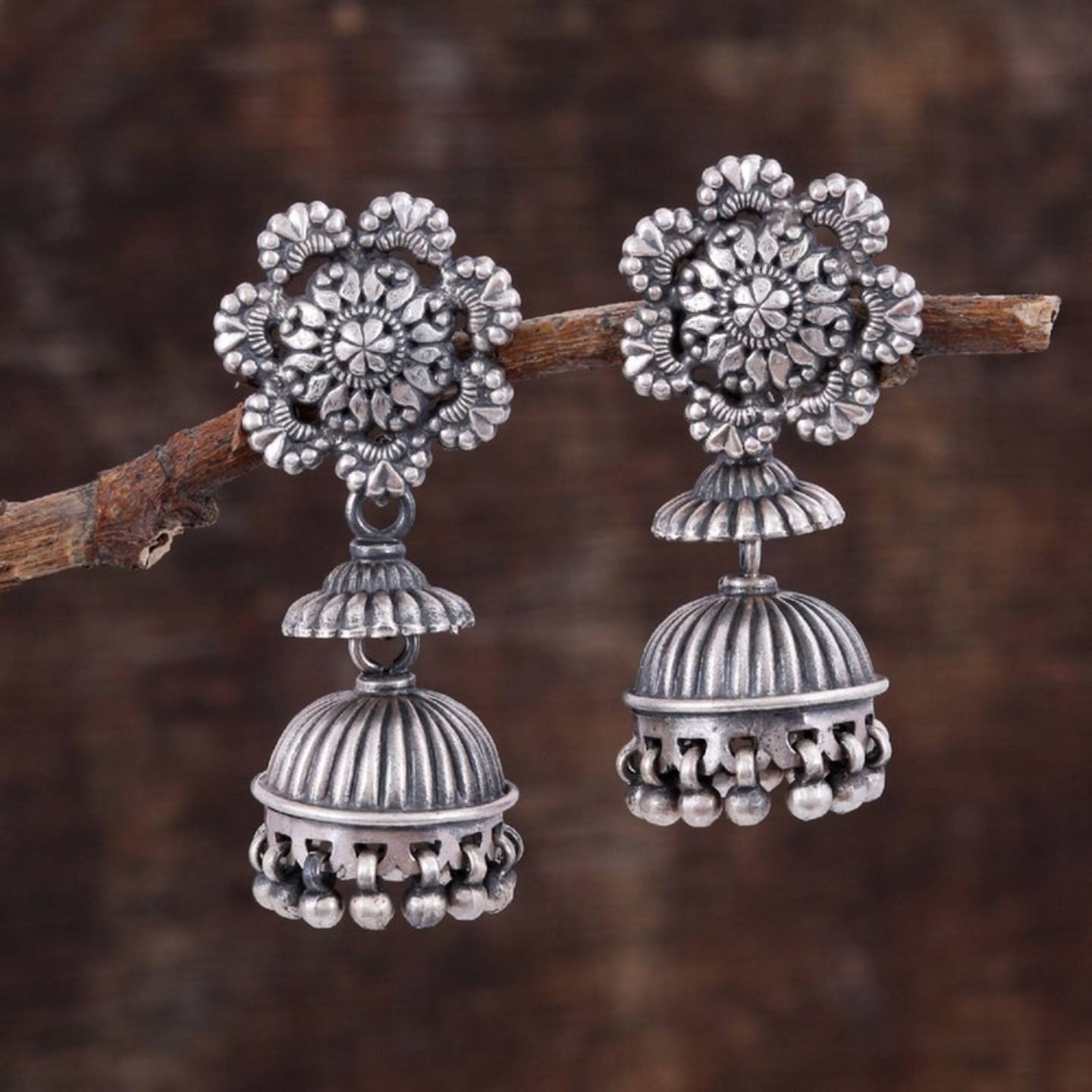 Silver Earring - 925 Sterling Silver Earring - Beautiful Flower Dangle Earring - Oxidize Antique Look Long Earring - Party wear Earring