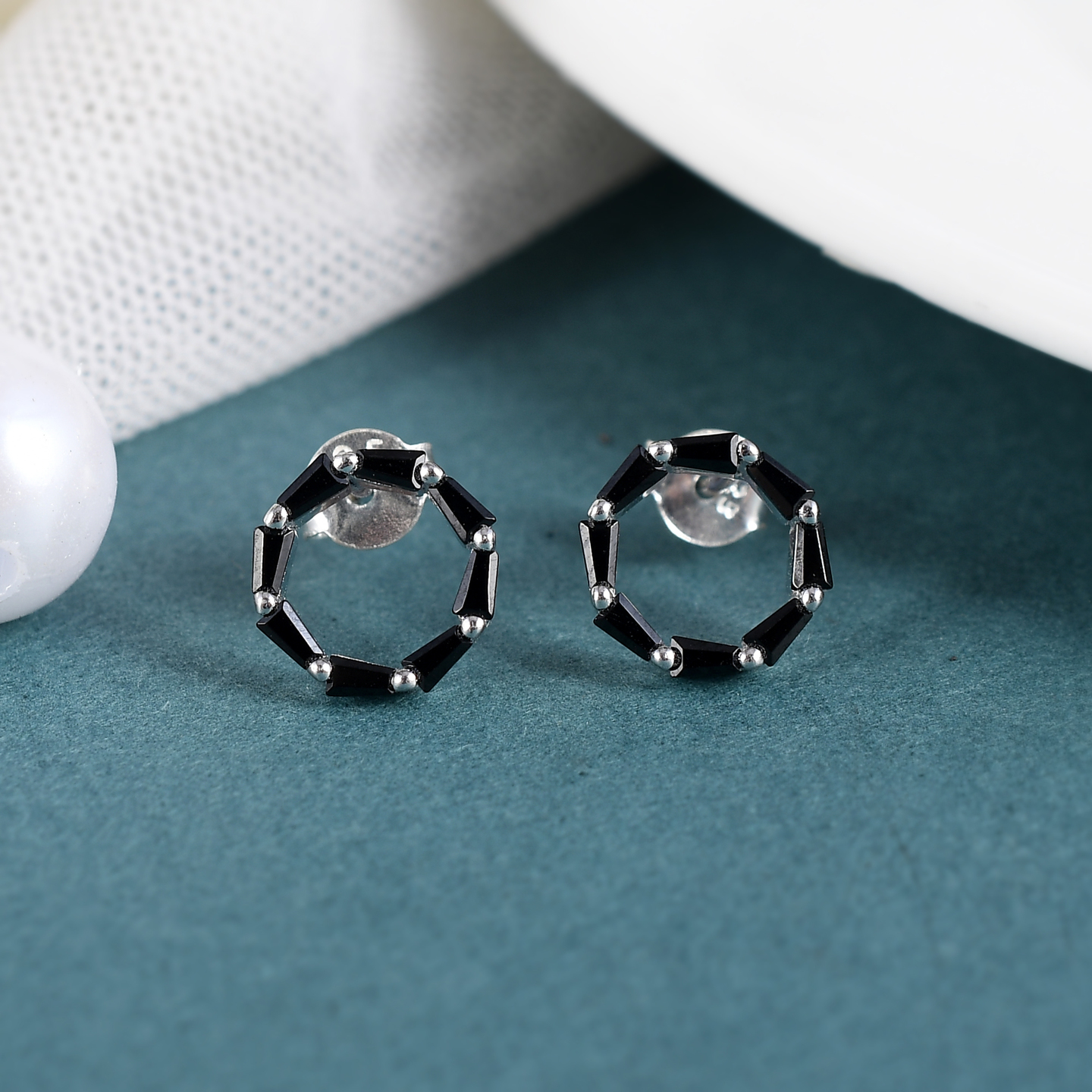 Sterling Silver Round Ring Black CZ Earring 