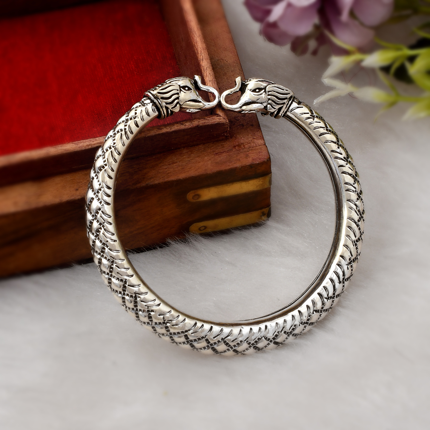 925 Solid Sterling Silver Oxidize Elephant Bangle - Handmade Engraved Bangle - Size 2.6 Inches (Inside Diameter)- Traditional Indian Jewelry