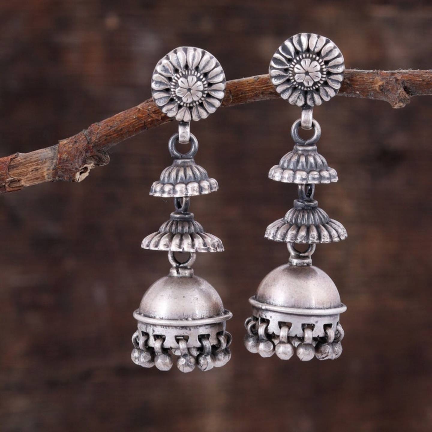 Silver Earring - 925 Sterling Silver Earring - Beautiful Flower Dangle Earring - Oxidize Antique Look Long Earring - Party wear Earring