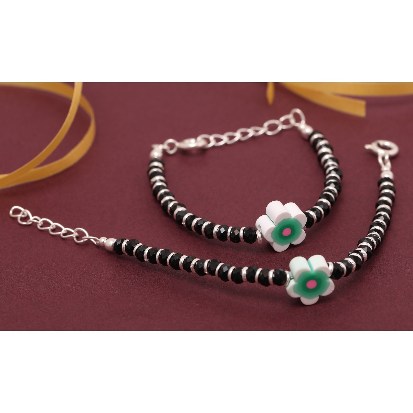 Nemichand Jewels 925 Sterling Pure Silver(Chandi) Black Bead Crystal Nazariya Bangle/Bracelet For Kids - One Pair