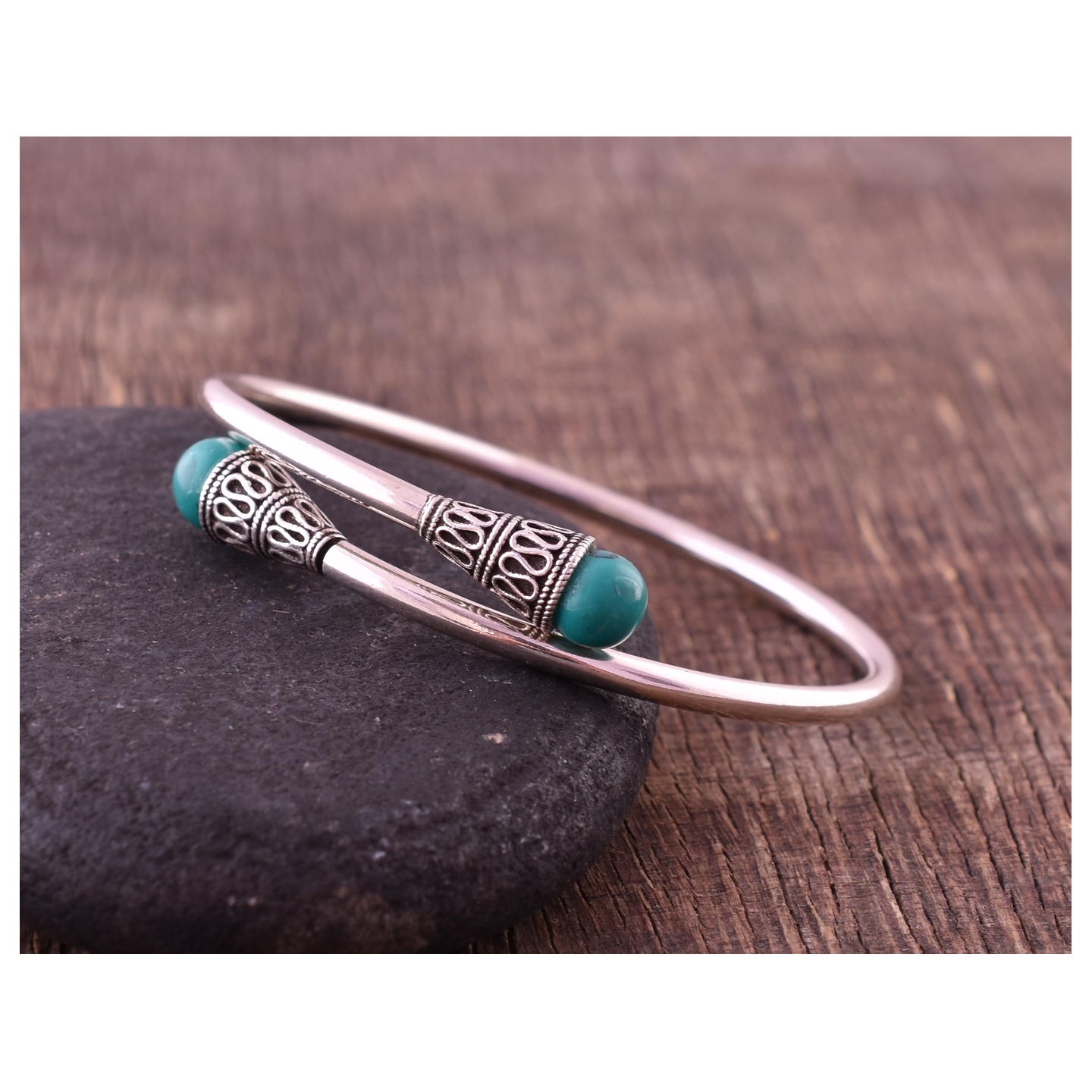 Beautiful Turquoise Bangle - Solid 925 Sterling Silver Oxidize Bangle