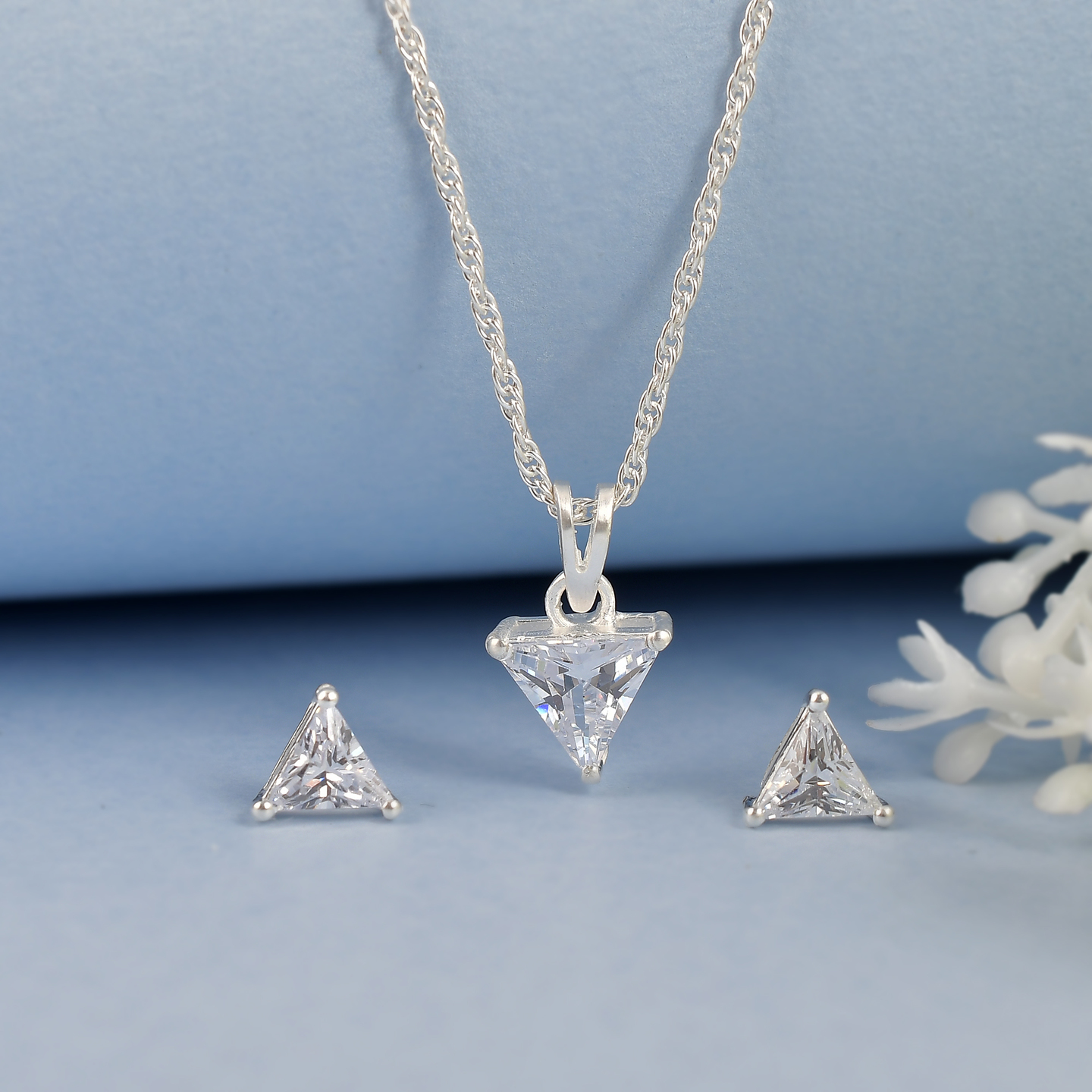 925 Sterling Silver Triangle Solitaire Necklace set
