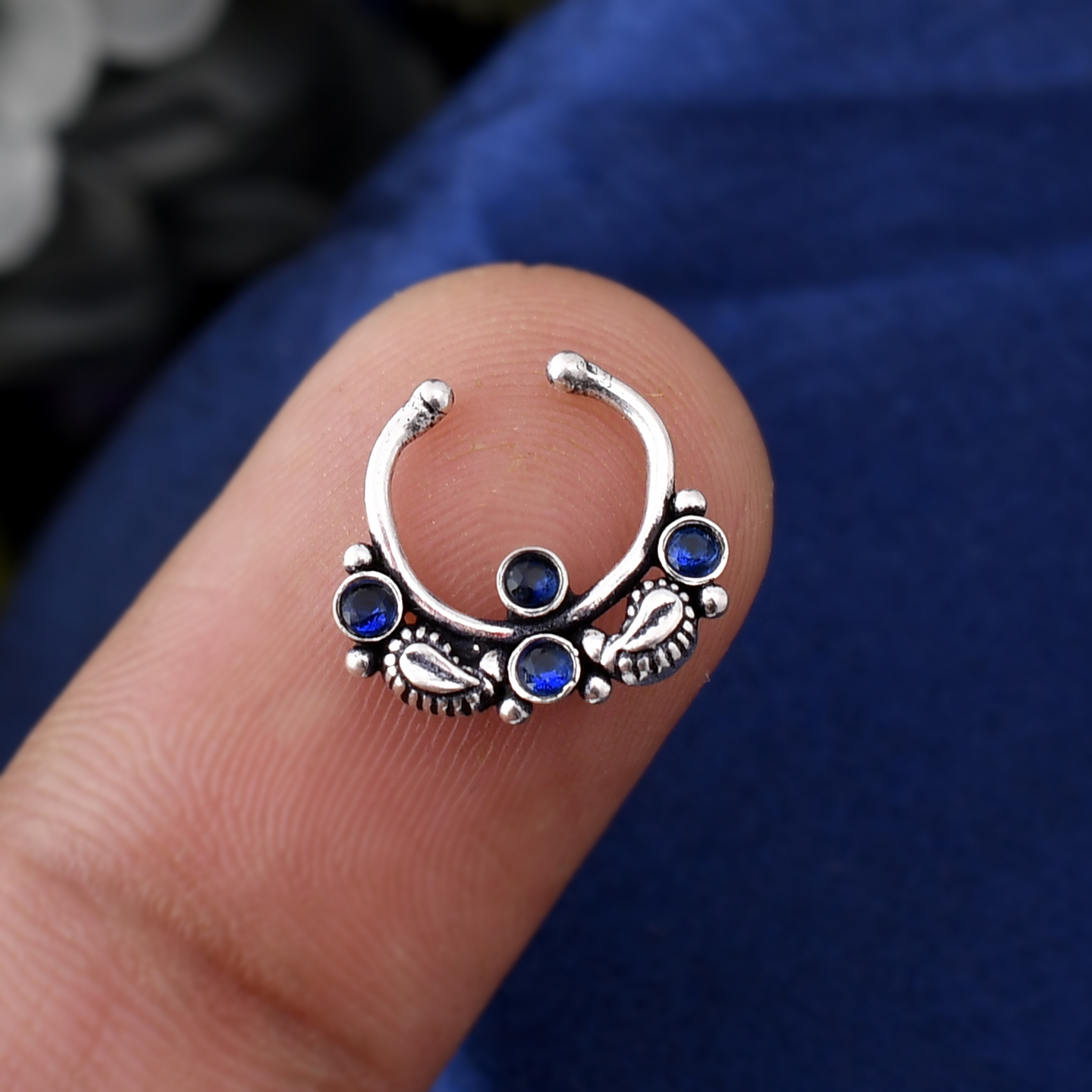 Silver 925 Blue Stone Septum Nose Ring - Non Pierced nose