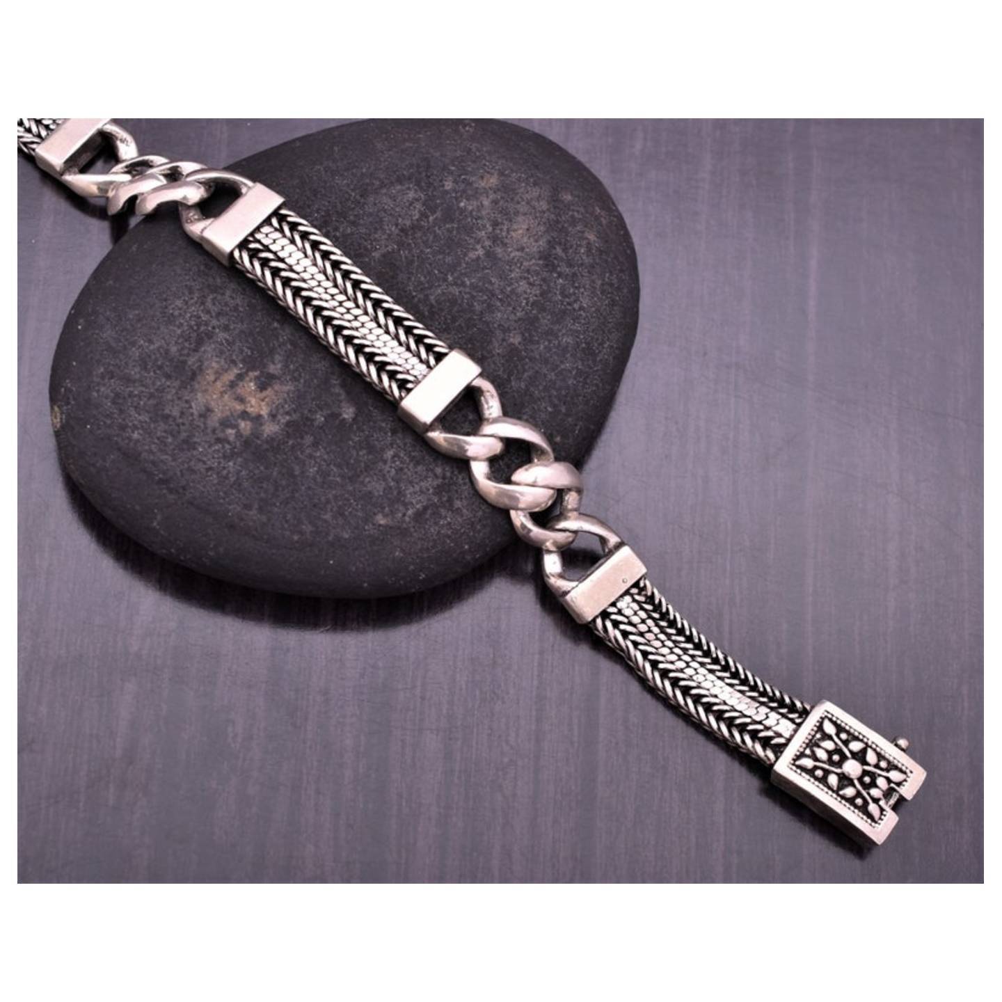 Beautiful Solid 925 Sterling Silver Palm & Curb Chain Bracelet - Silver Oxidize Cuff Bracelet - Length 8.75 Inches -Handmade Heavy Bracelet