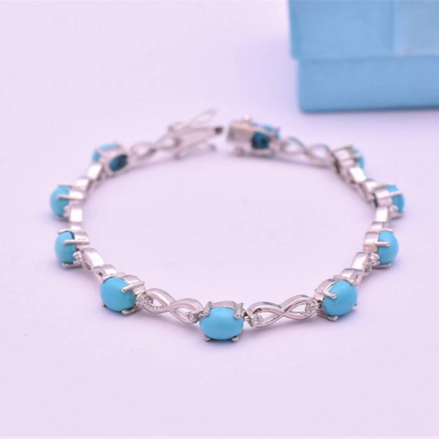 Natural Sleeping Beauty Turquoise Real Gemstone Chain Bracelet - Solid 925 Sterling Silver Bracelet - Length 7.75 Inches