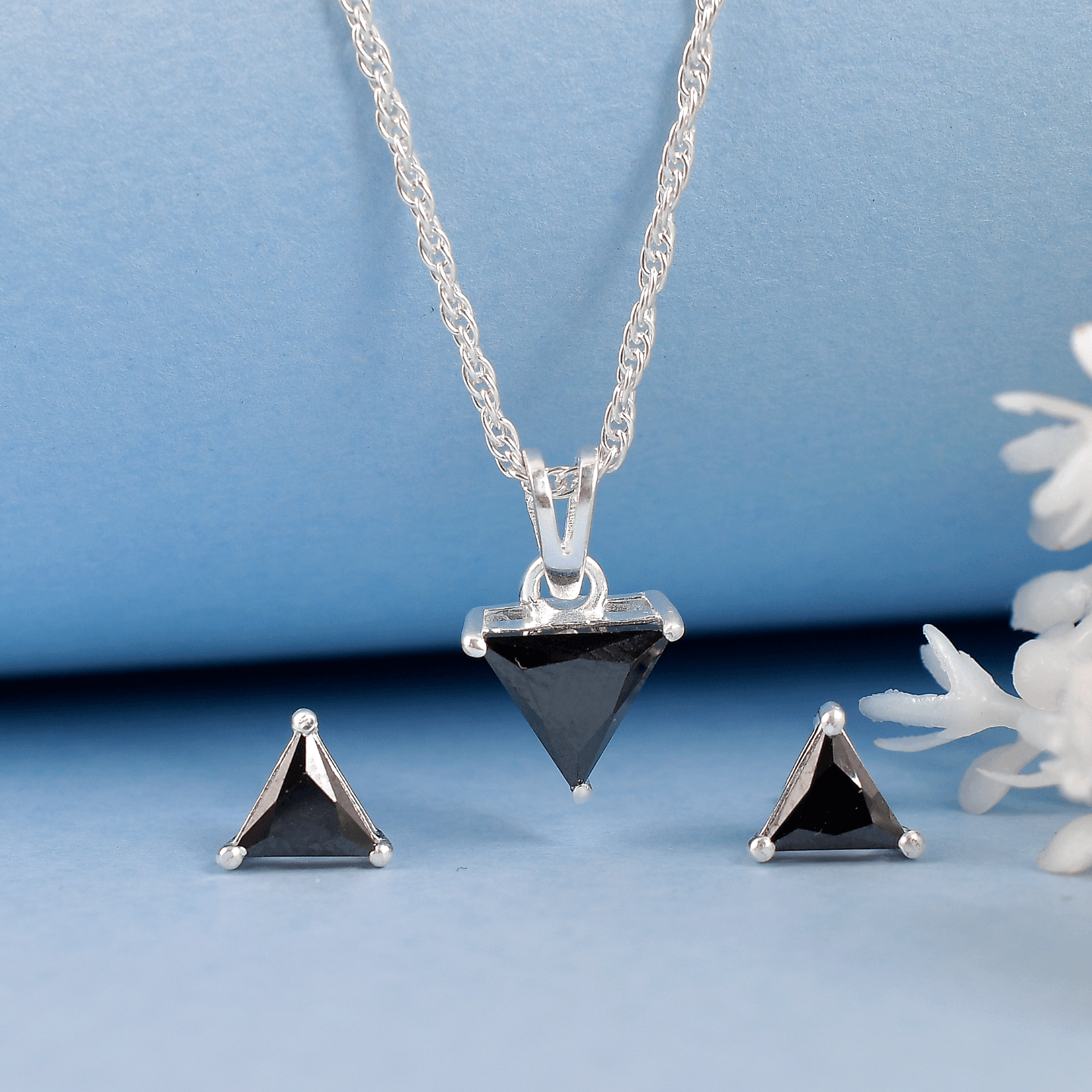 925 Sterling Silver Black CZ Triangle Solitaire Necklace set