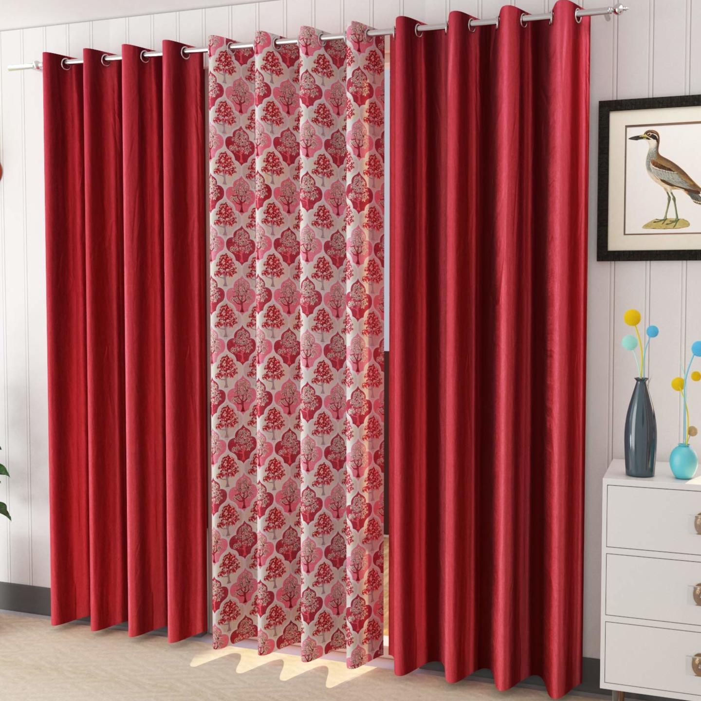 Handtex Home Curtains Polyester Tree Printed Set of 3 Pcs Maroon (1Tree+2Plain) Size for Long Door 4 Feet x 9 Feet