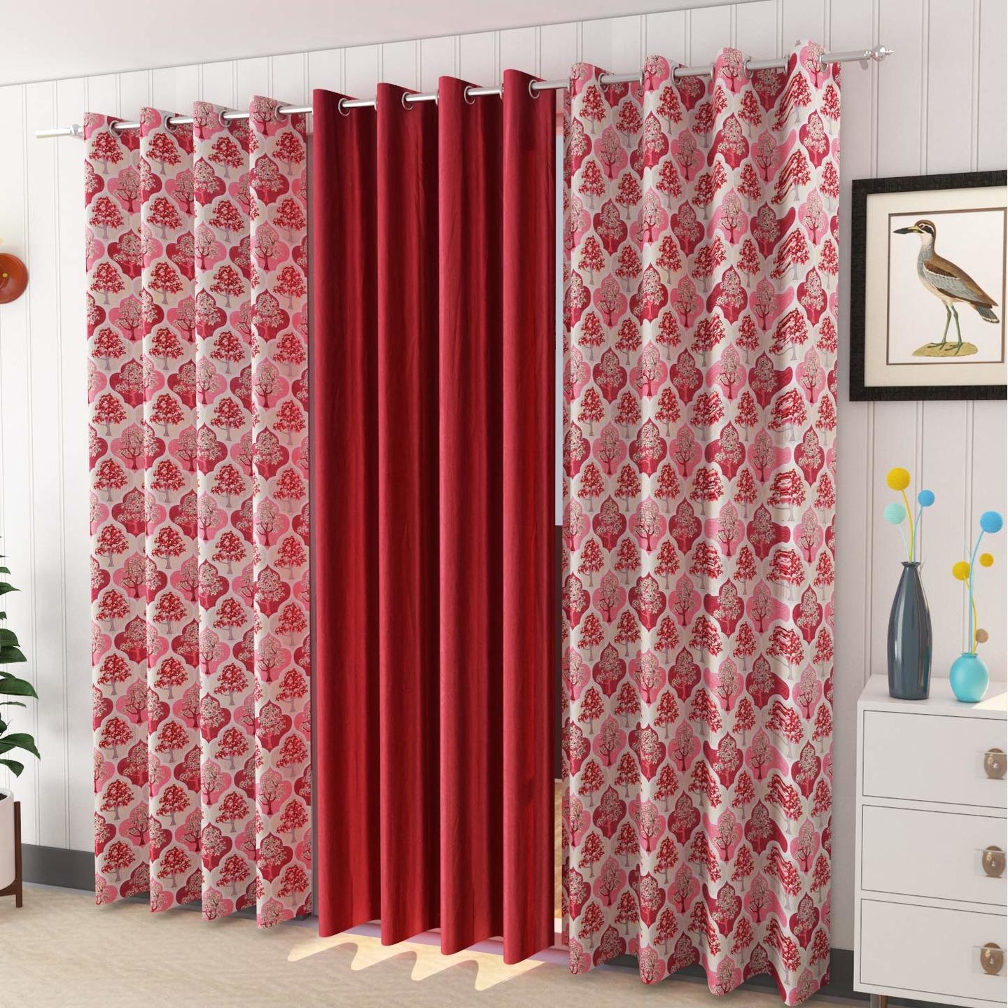 Handtex Home Curtains Polyester Tree Printed Set of 3 Pcs Maroon (2Tree+1 Plain) Size for Door 4 Feet x 7 Feet