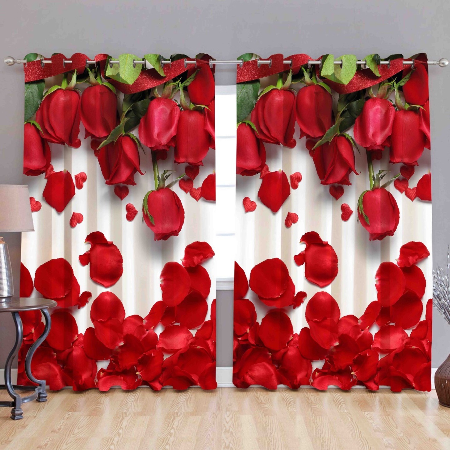 Handtex Home Polyester Digital Print Eyelet Curtain Long Door 4 x 9 Feet, Red_Rose_Pack of 2