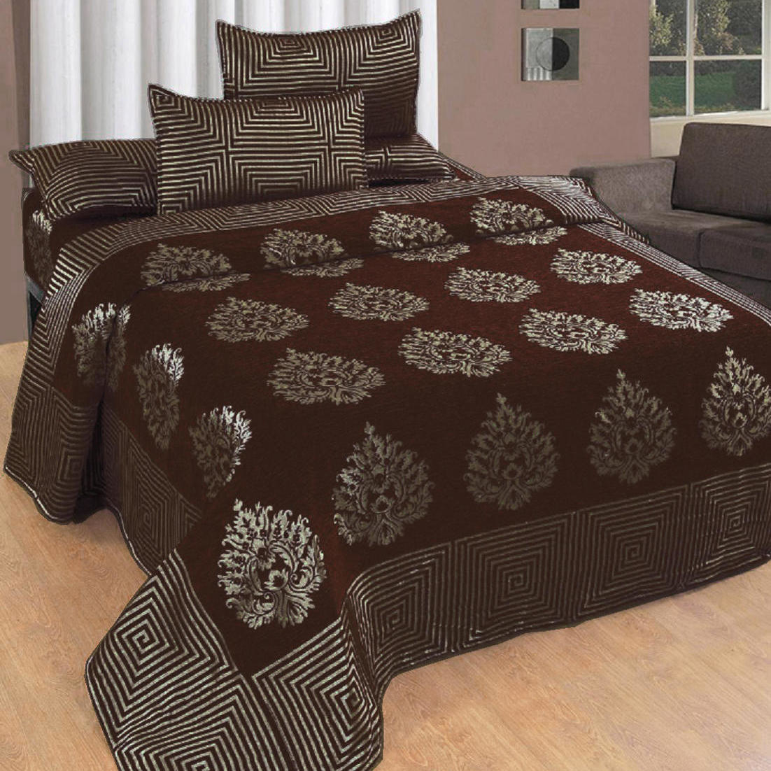 Hand Tex Multicolor Chenile King Size Double Bedsheet With Two Pillow Covers