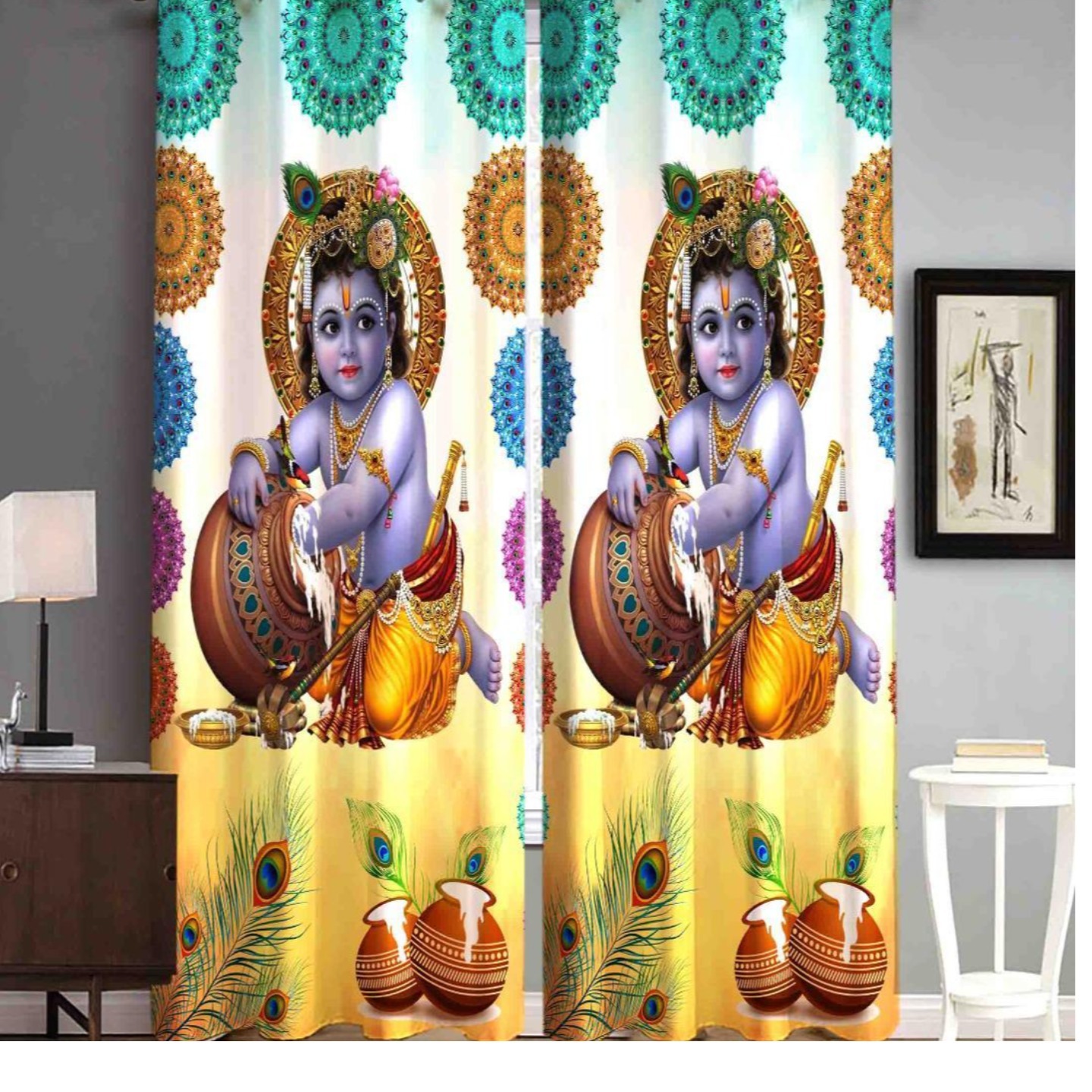 Handtex Home Digital Printed Curtain 3D Themed Polyester Curtains for Home Decor  Eyelet Grommet Panels for Living Room Balcony Bedroom, 4 x 9 Feet,Set of 2pcs Krishna Ji