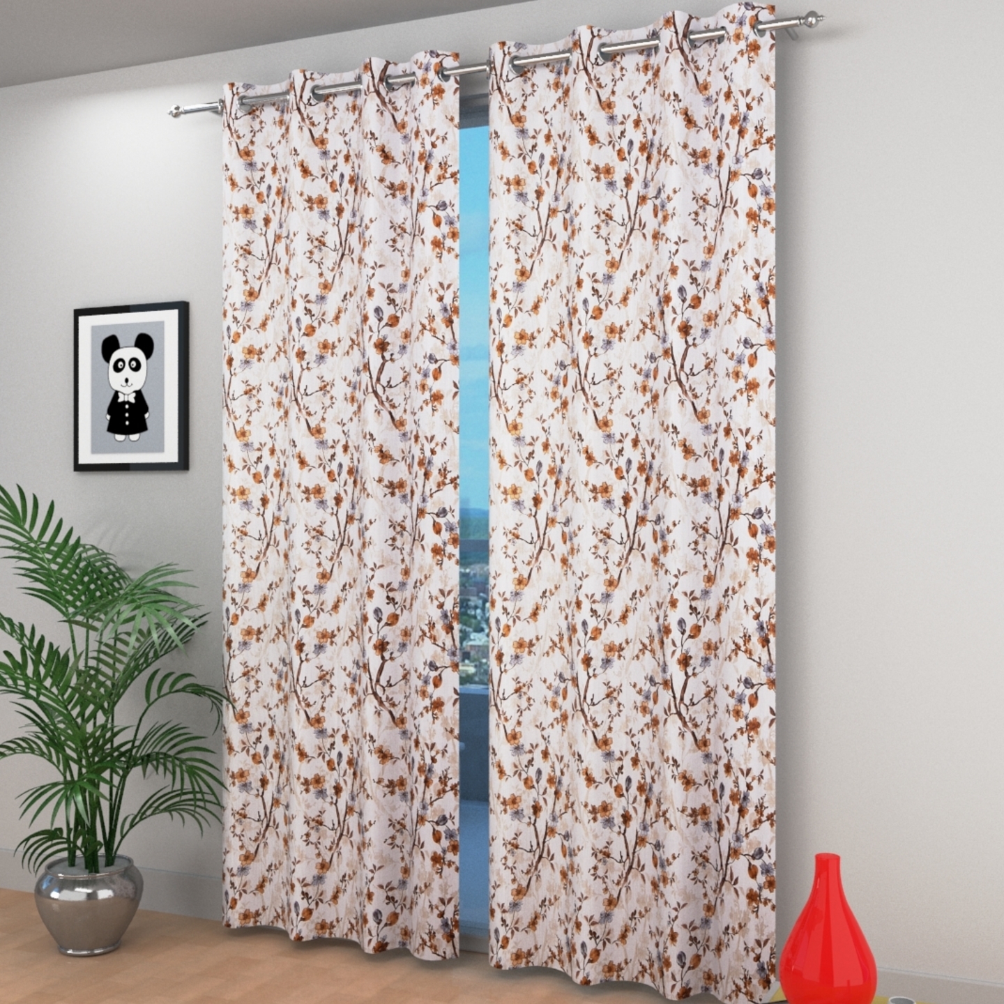 Handtex Home Heavy Polyester Leaf Patti Digital Print Eyelet Curtain Set of 2 Pc 4 feet x 7 feet Coffee