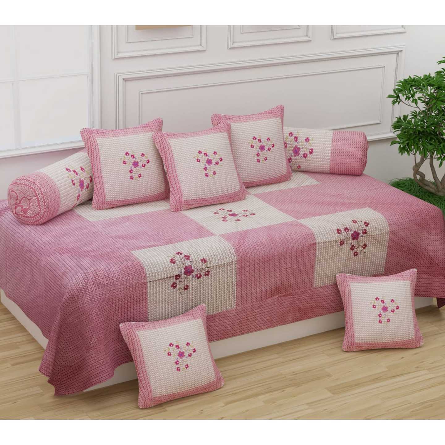 Handtex Home Cotton Fabric Embroidery Design Diwan Set Covers 8 Pcs Set of 1 Bedsheet 2 Bolsters and 5 Cushion Covers (Peach)