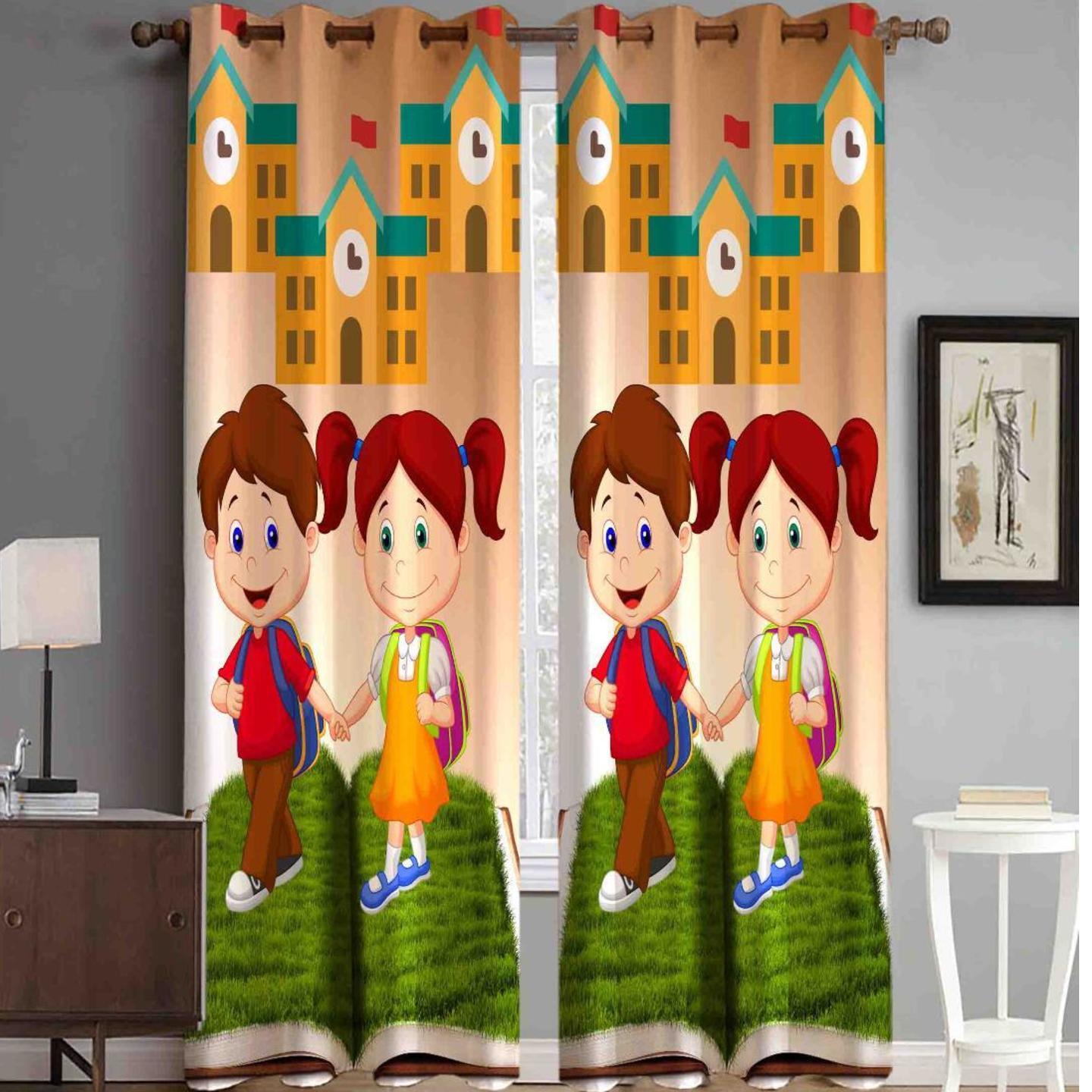 Handtex Home  Polyester Cartoon Digital Printed Curtain 4x7 Feet Window Size Multi Colour Set of 2 Pecs Curtain