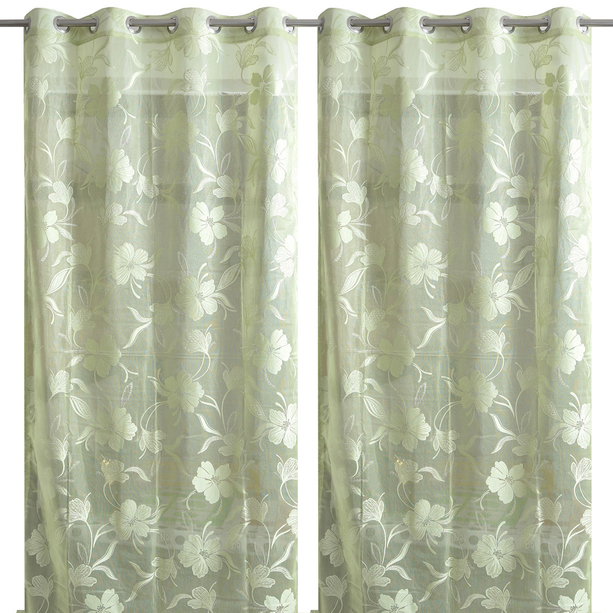HANDTEX HOME Sheer Net Green Curtains With Beautiful Embroidered Floral Designs for Door 4ft x 9ft Set of 2 SP01