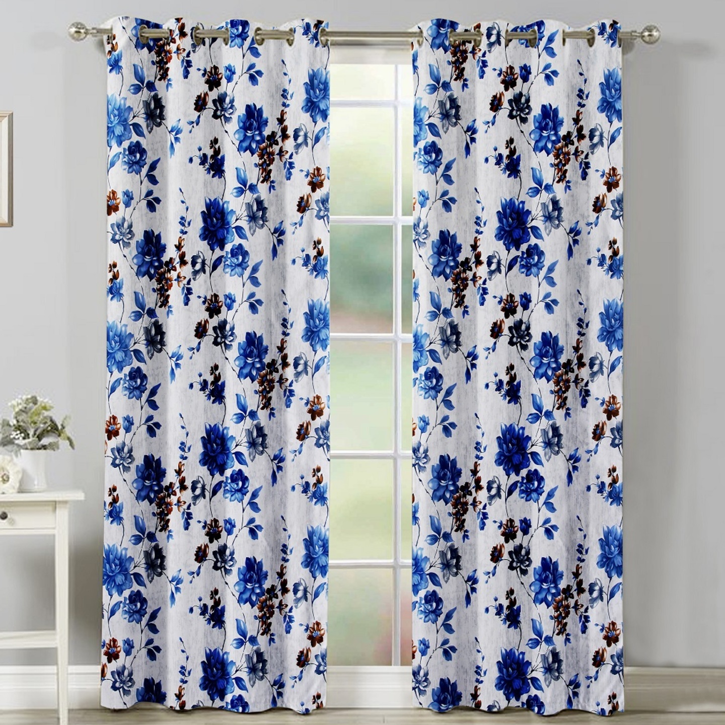 Handtex Home Floral Design Door Curtains 4x7 feet Set of 2 pcs Blue
