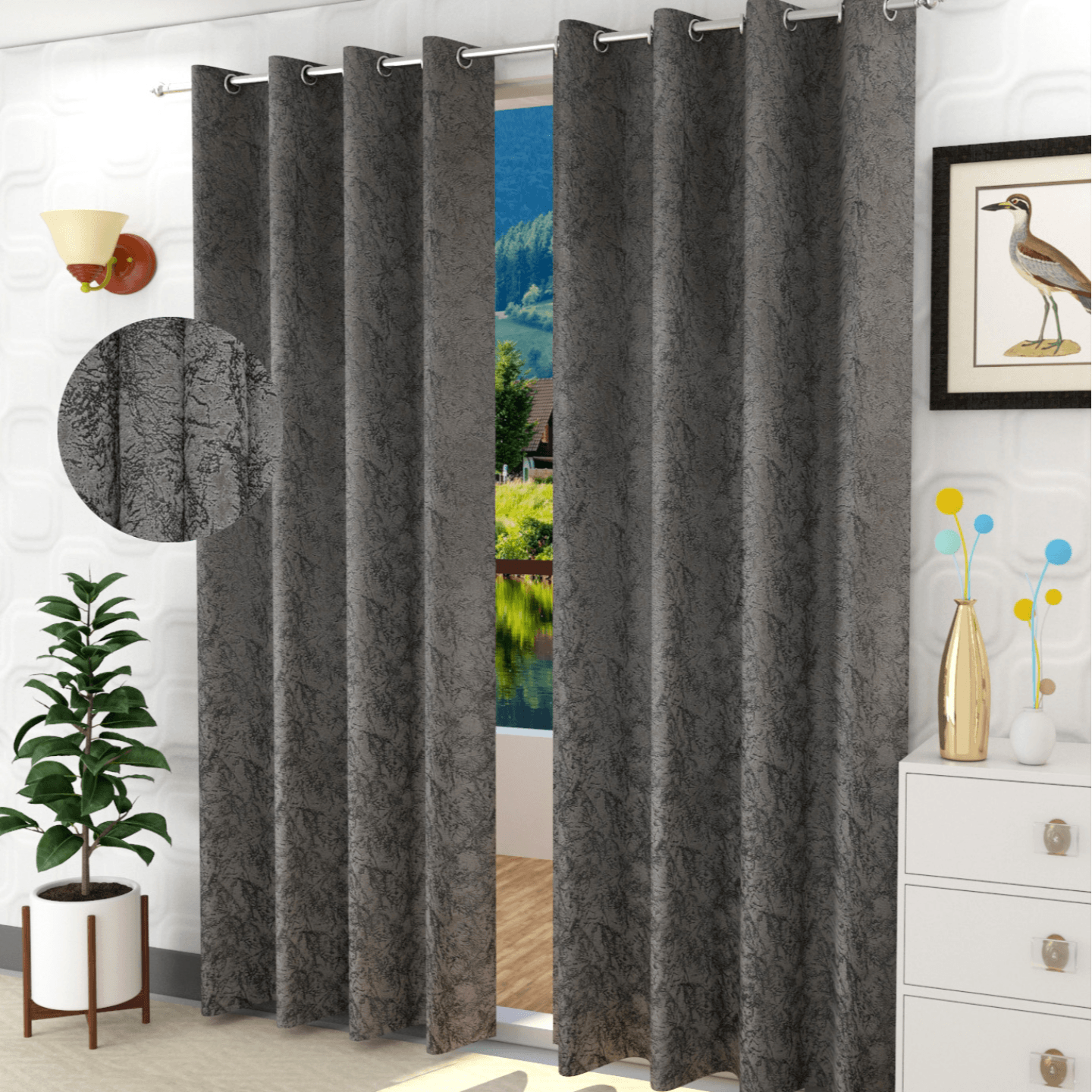 Handtex Home texture print Grey Velvet Set of 2 Door Curtain 4ft x 9ft.