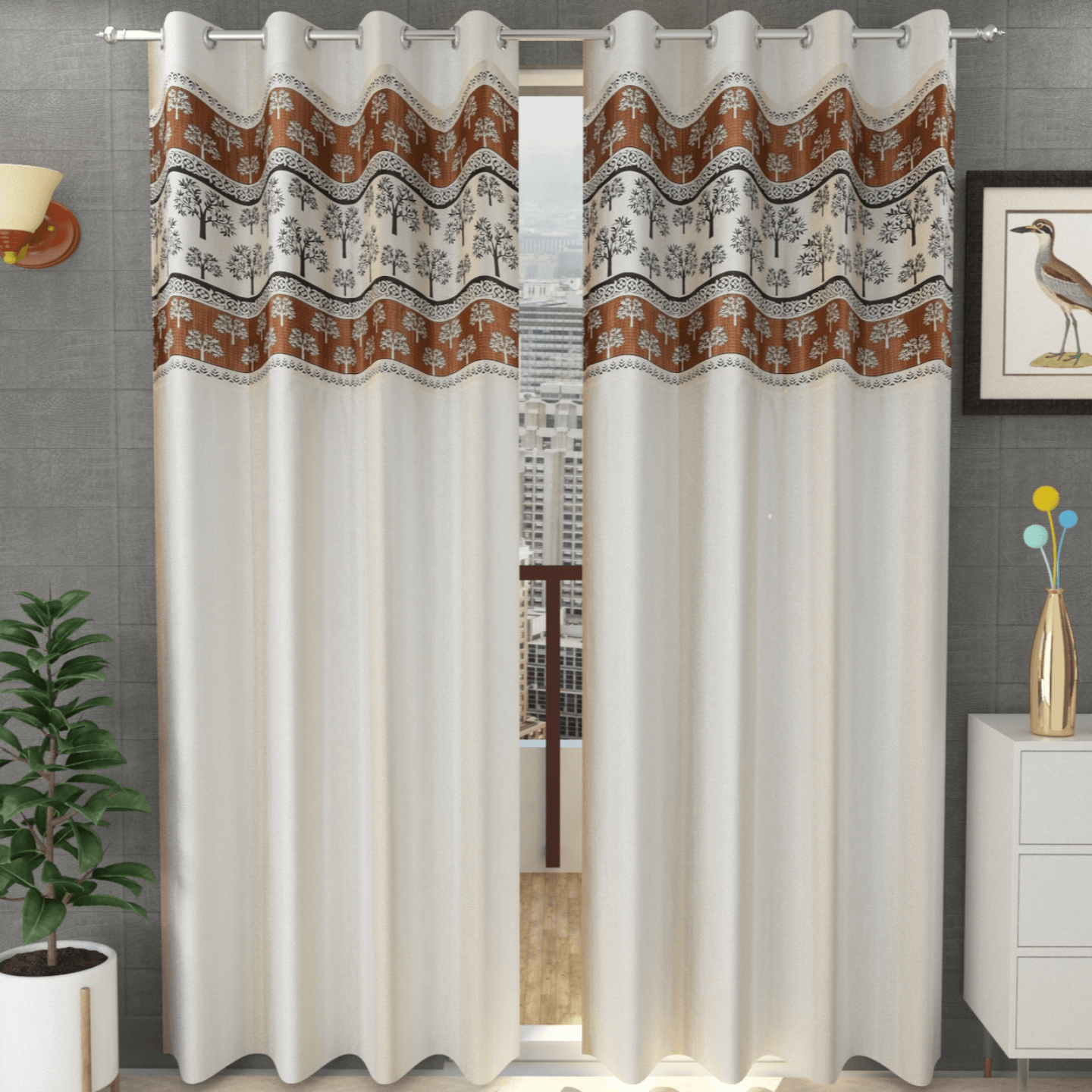 Handtex Home Tree design Patchwork curtain for door 7 feet set of 2pc Cream color