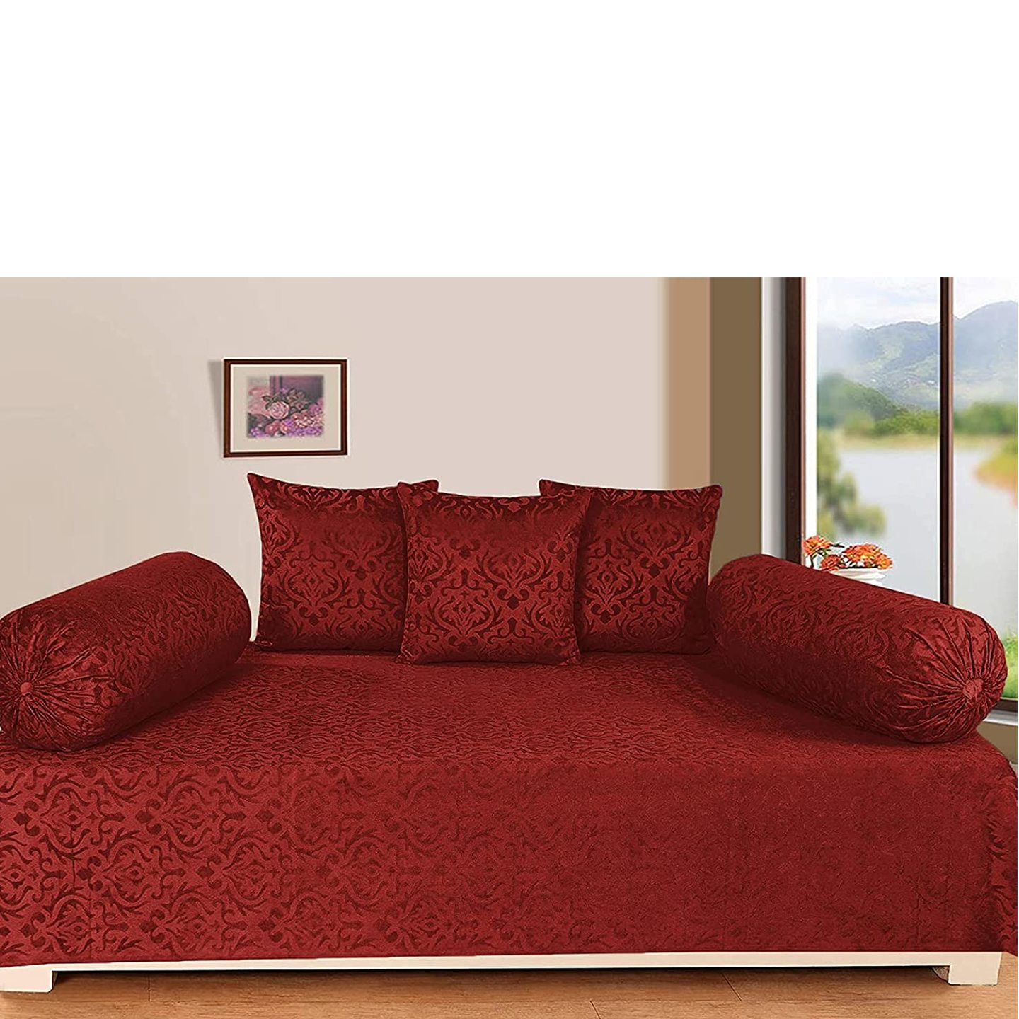Handtex Home Premium Velvet Diwan Set of 6 Pieces -1 BedSheet, 2pc Bolster Cover with Dori and 3pc Cushion Covers Maroon Colour-6Pc Set