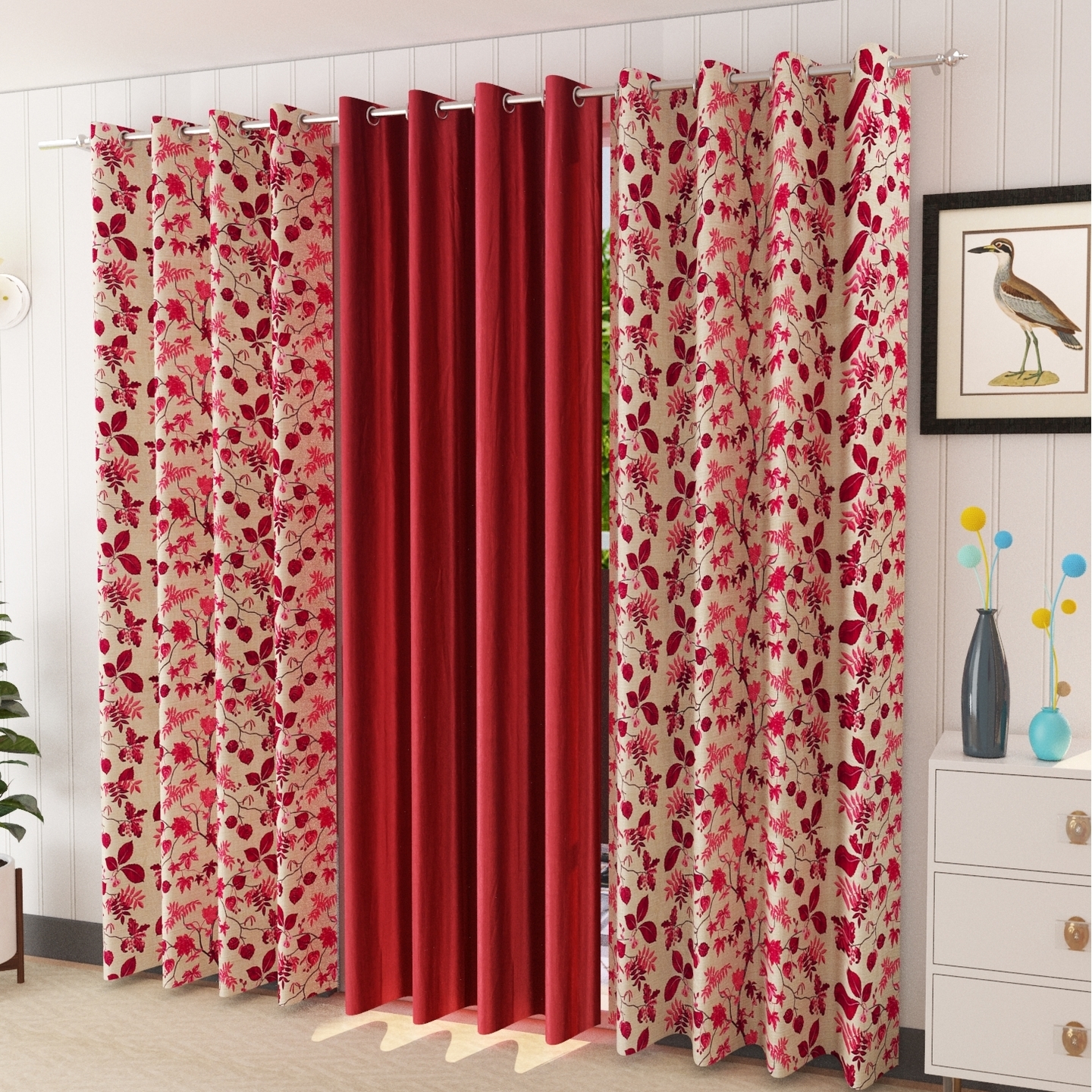 Handtex Home Plain Solid and Leaf Design Digital Printed Heavy Long Crush Polyester Fabric Eyelets Curtains , Combo of 3 , for Living Room & Bedroom ( Set of 3 ) (Maroon, 4 FEET X 9 FEET