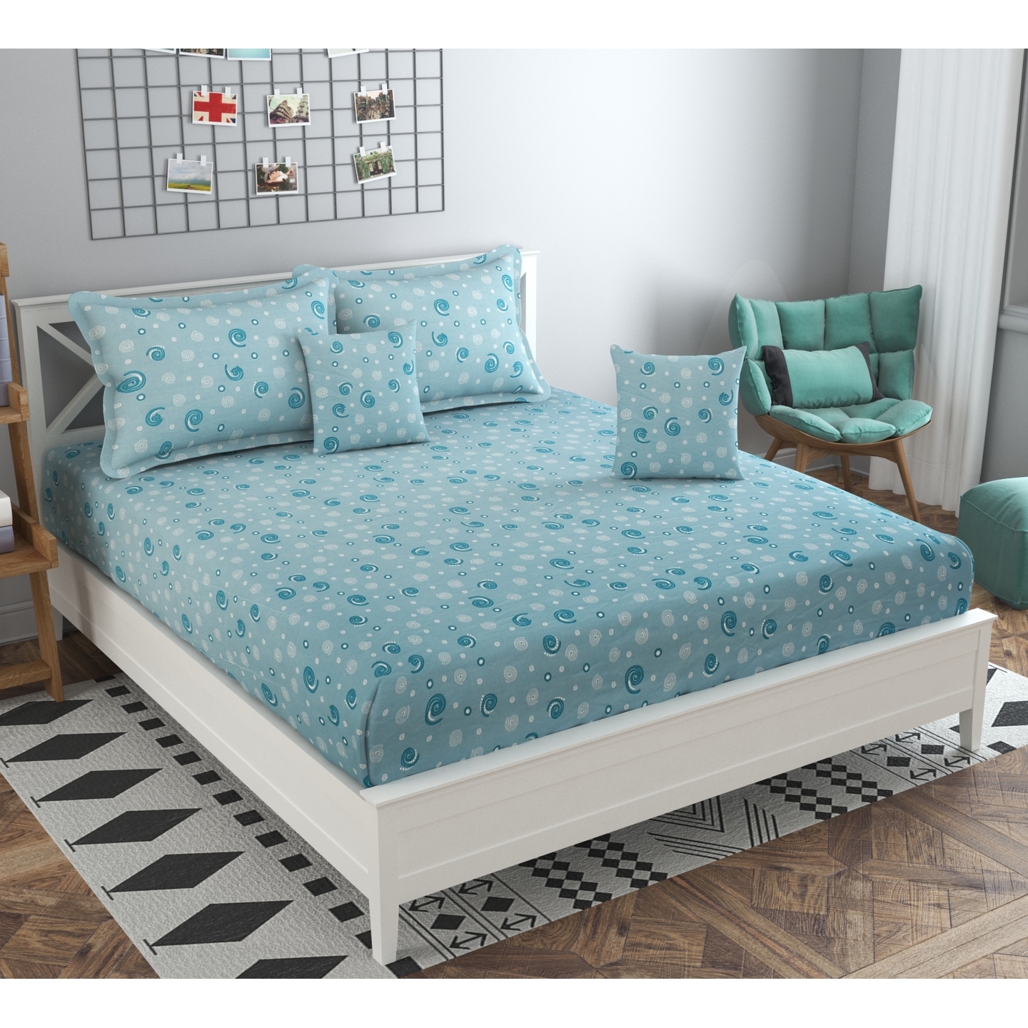 Handtex Home Super Soft Polycotton Printed Fitted Elastic Double Bedsheet With 2 Pillow Covers 2 Cushion CoverPack of 1, Aqua