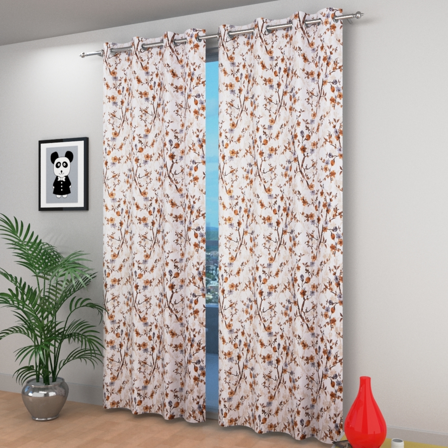 Handtex Home Heavy Polyester Leaf Patti Digital Print Eyelet Curtain Set of 2 Pc 4x9 feet Coffee