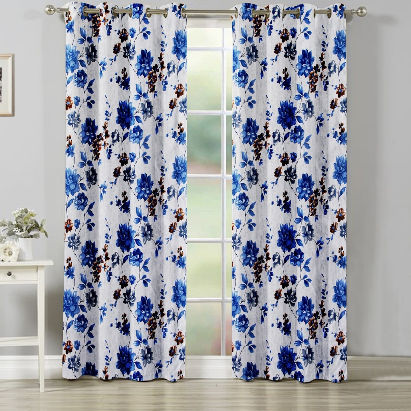 Handtex Home Floral Design Door Curtains 4x9 feet Set of 2 pcs Blue 