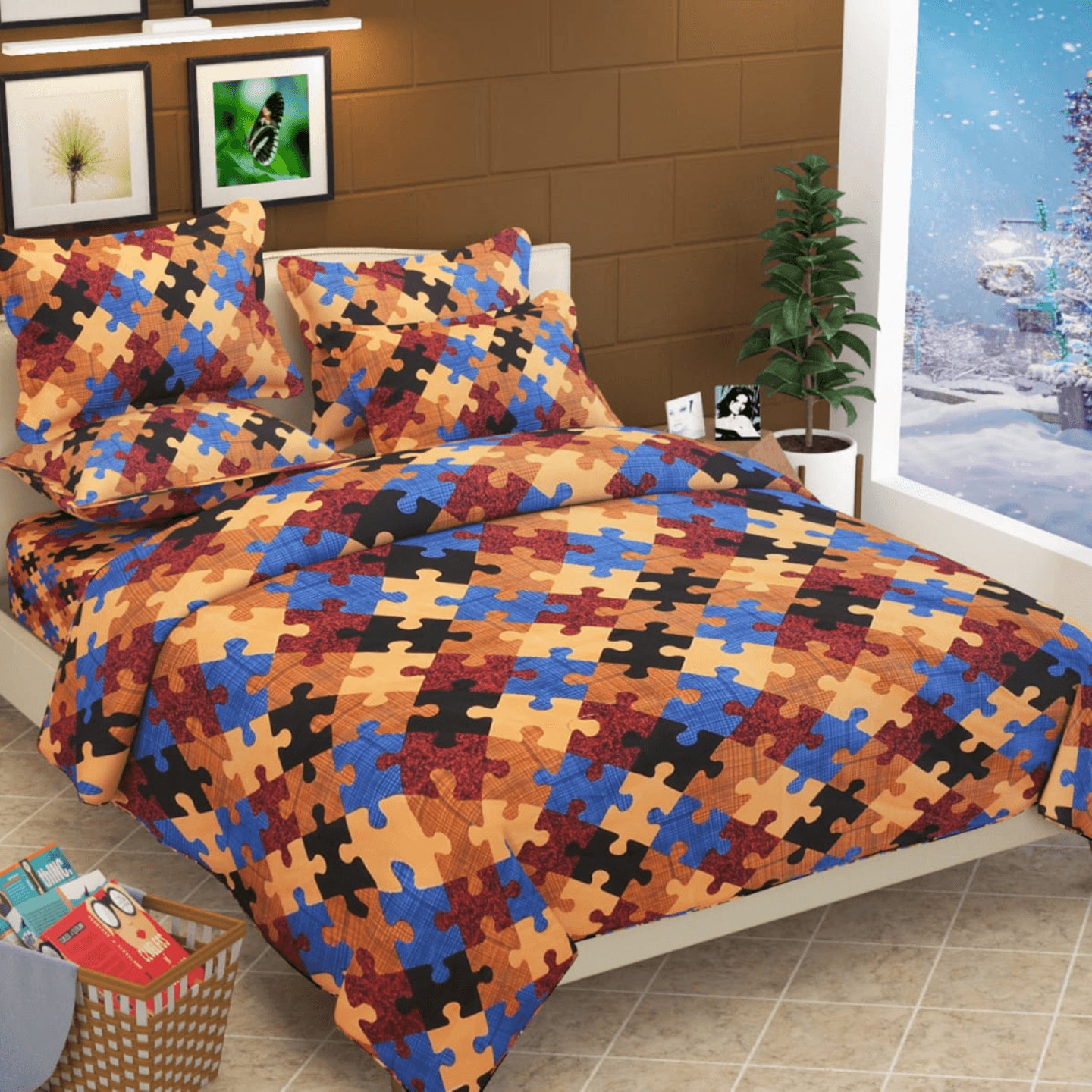 Handtex home 3d Multi color cotton double bed sheet with 2 pillow cover